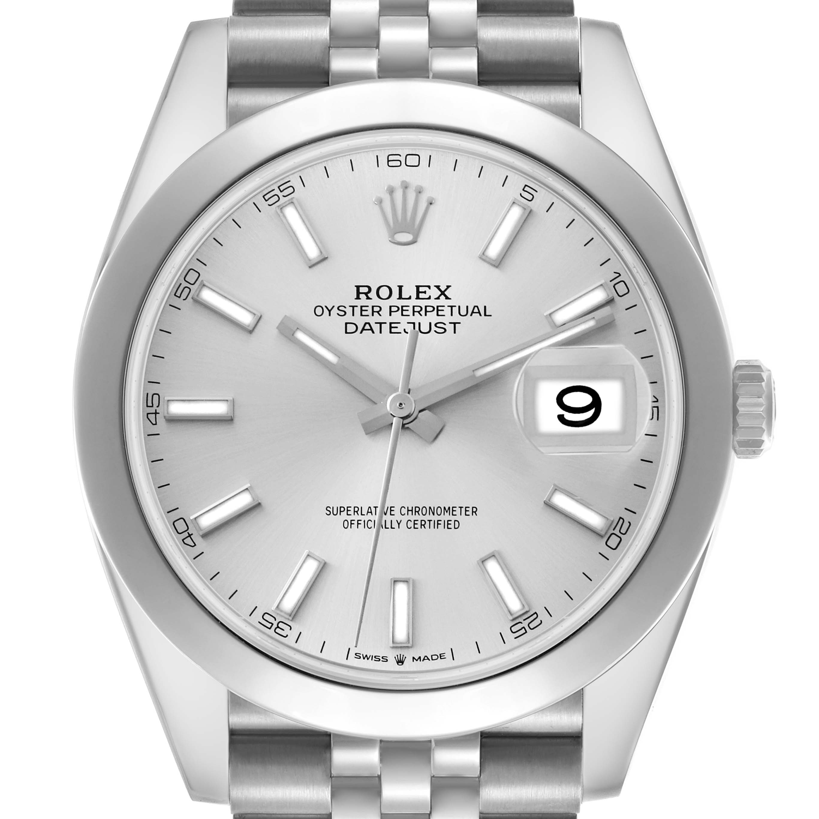 The Rolex Datejust 41 126300 Men's Stainless Steel Silver Dial 126300 Men's Stainless Steel Silver Dial watch is shown from a front angle highlighting the dial, markers, date window, and part of the bracelet.