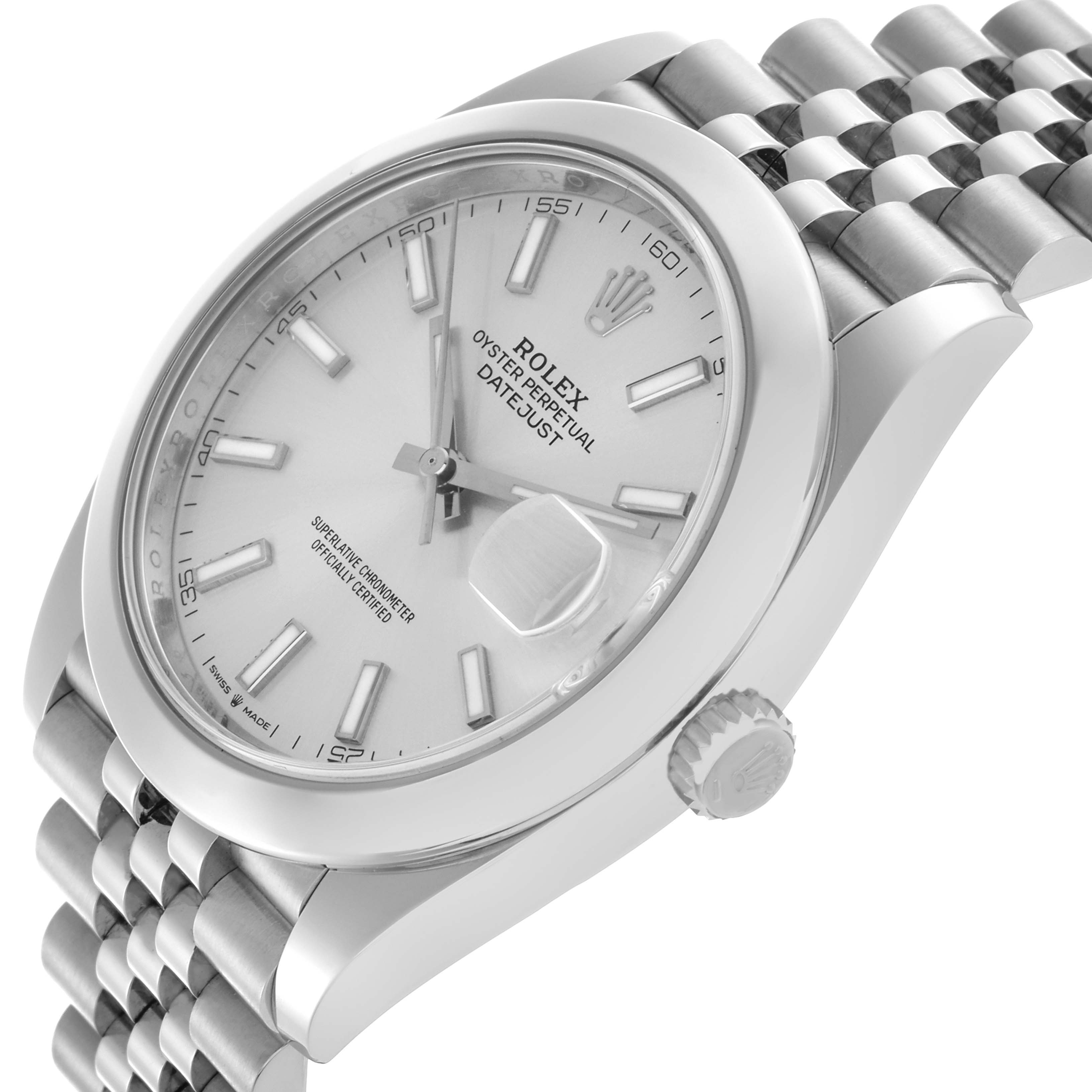 The Rolex Datejust 41 126300 Men's Stainless Steel Silver Dial 126300 Men's Stainless Steel Silver Dial watch is shown from a side angle, highlighting its dial, crown, and bracelet.