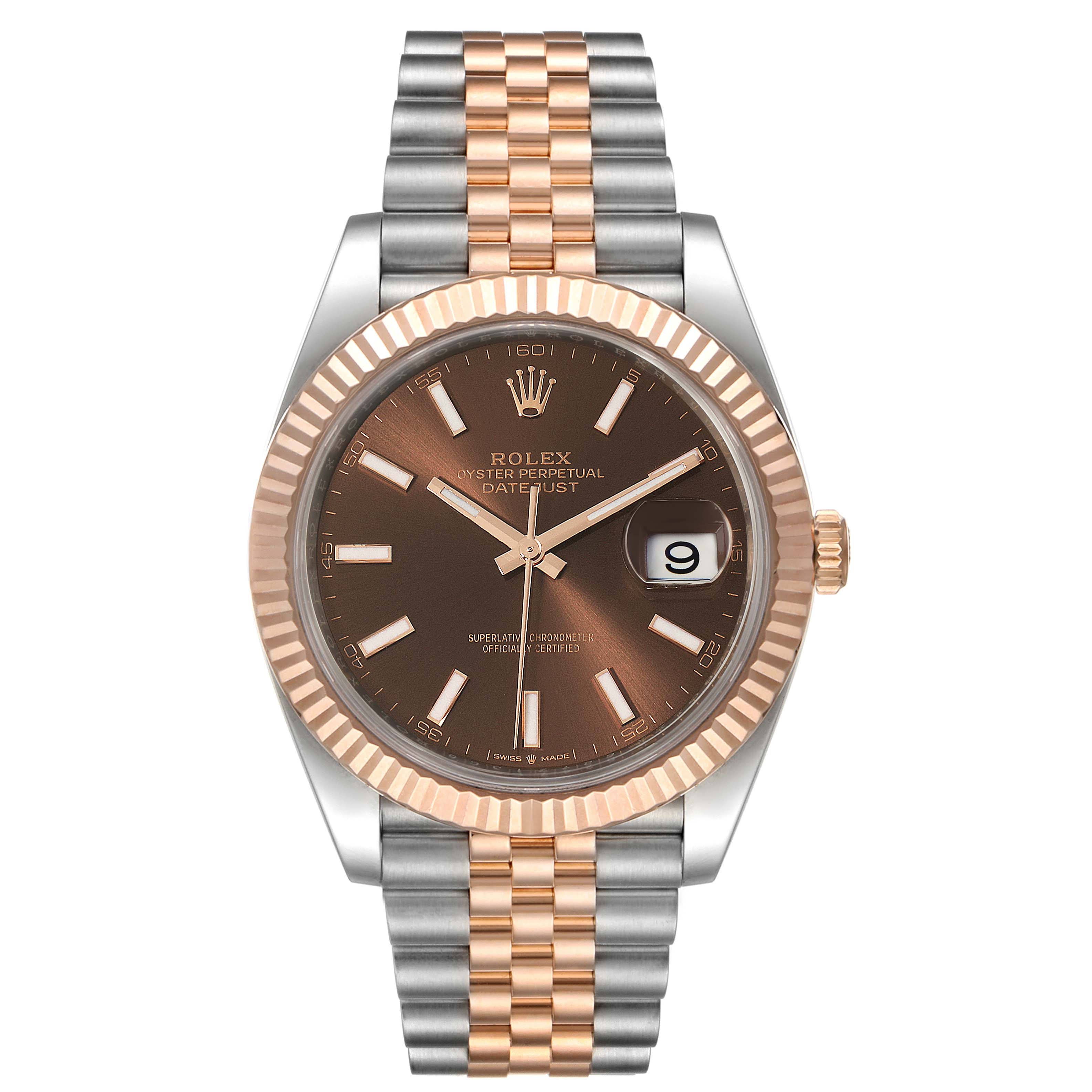 The image shows a front view of a Rolex Datejust 41 126331 Men's Steel and Gold (two tone) Brown Dial 126331 Men's Steel and Gold (two tone) Brown Dial watch with a two-tone bracelet and a brown dial.