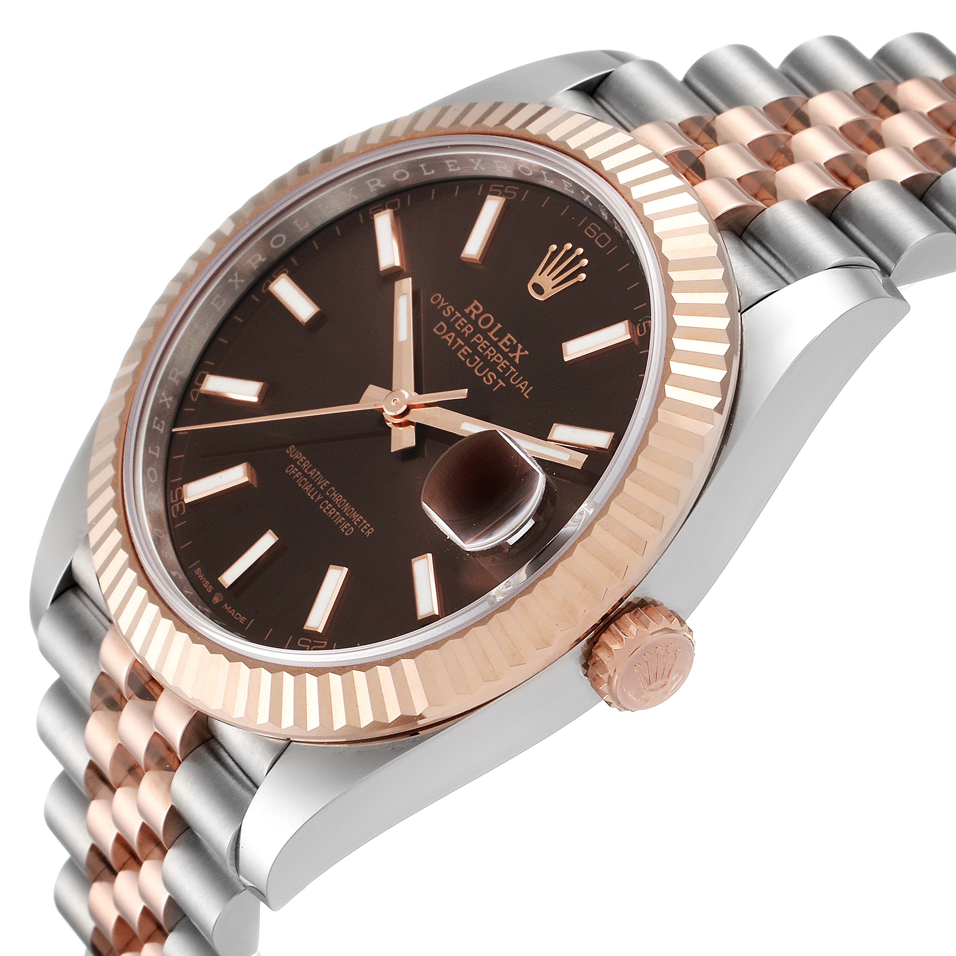 This image shows a close-up side angle of a Rolex Datejust 41 126331 Men's Steel and Gold (two tone) Brown Dial 126331 Men's Steel and Gold (two tone) Brown Dial model, highlighting the bezel, dial, bracelet, and crown.