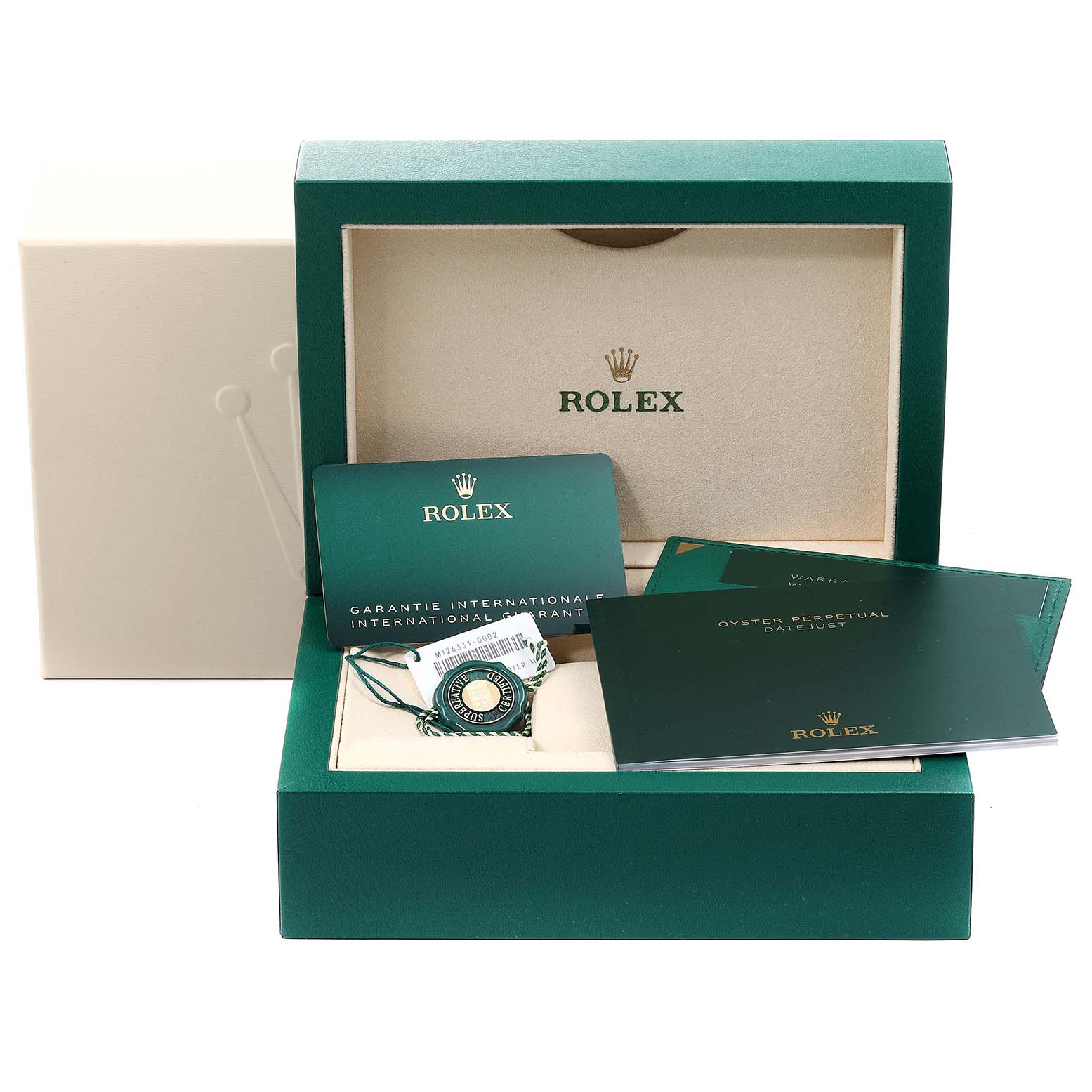 This image shows the box, warranty card, and booklets for a Rolex Datejust 41 126331 Men's Steel and Gold (two tone) Brown Dial 126331 Men's Steel and Gold (two tone) Brown Dial watch.