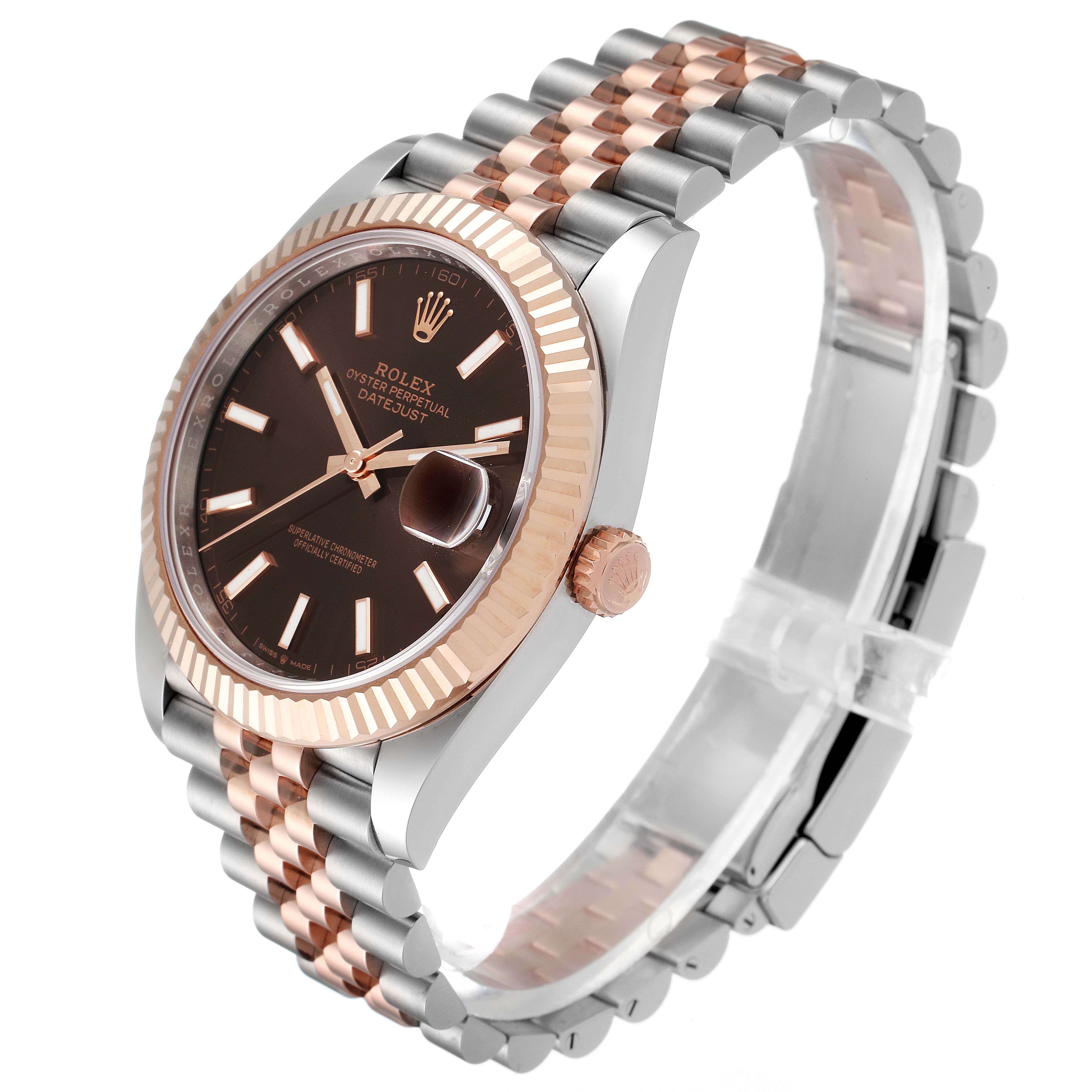 The image shows a Rolex Datejust 41 126331 Men's Steel and Gold (two tone) Brown Dial 126331 Men's Steel and Gold (two tone) Brown Dial watch at an angle highlighting the face, fluted bezel, crown, and two-tone bracelet.