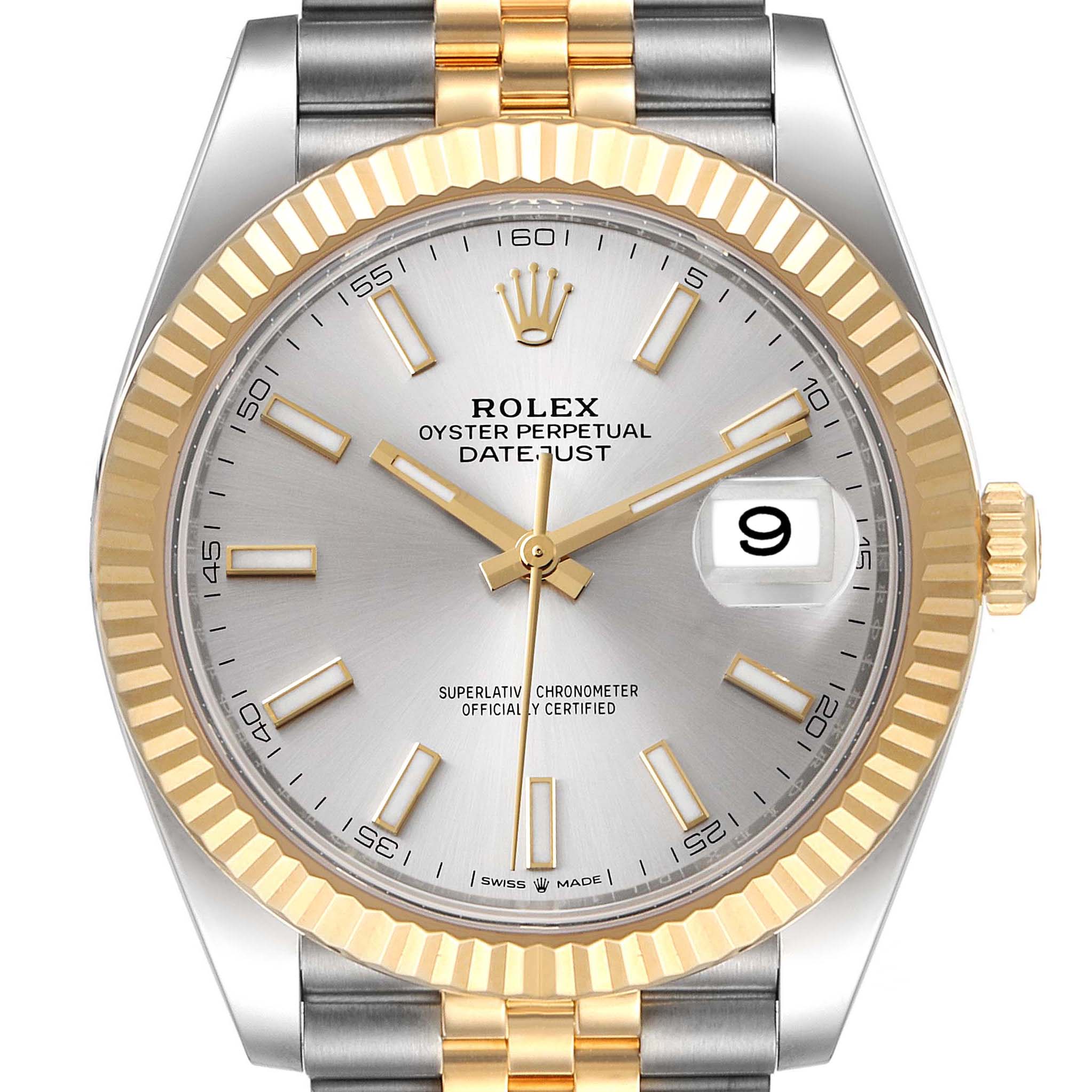 This image shows a front view of the Rolex Datejust 41 126333 Men's Steel and Gold (two tone) Silver Dial 126333 Men's Steel and Gold (two tone) Silver Dial, highlighting the gold bezel, silver dial, and two-tone bracelet.