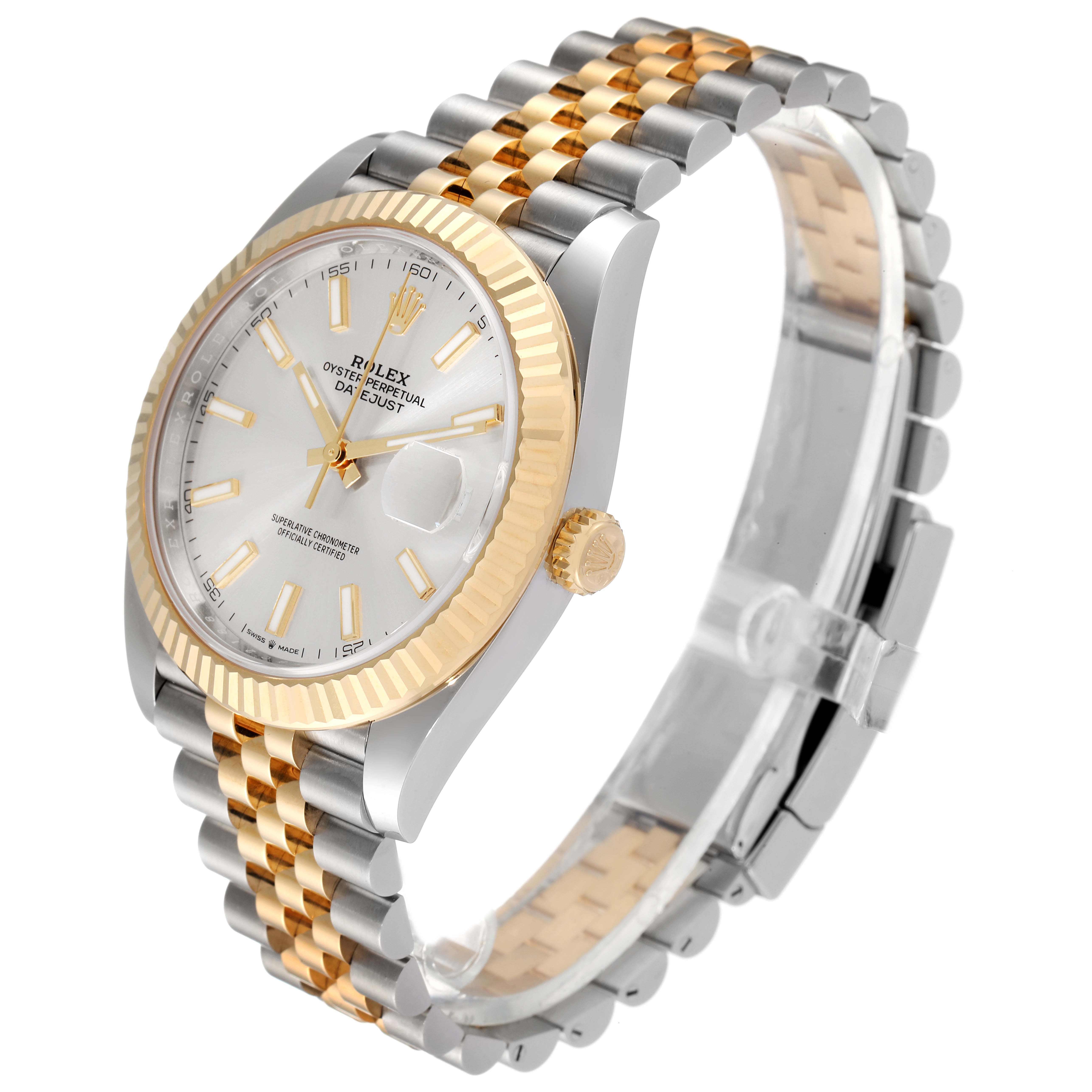The Rolex Datejust 41 126333 Men's Steel and Gold (two tone) Silver Dial 126333 Men's Steel and Gold (two tone) Silver Dial watch is shown from a slight upper side angle, highlighting its face, bezel, crown, and bracelet.