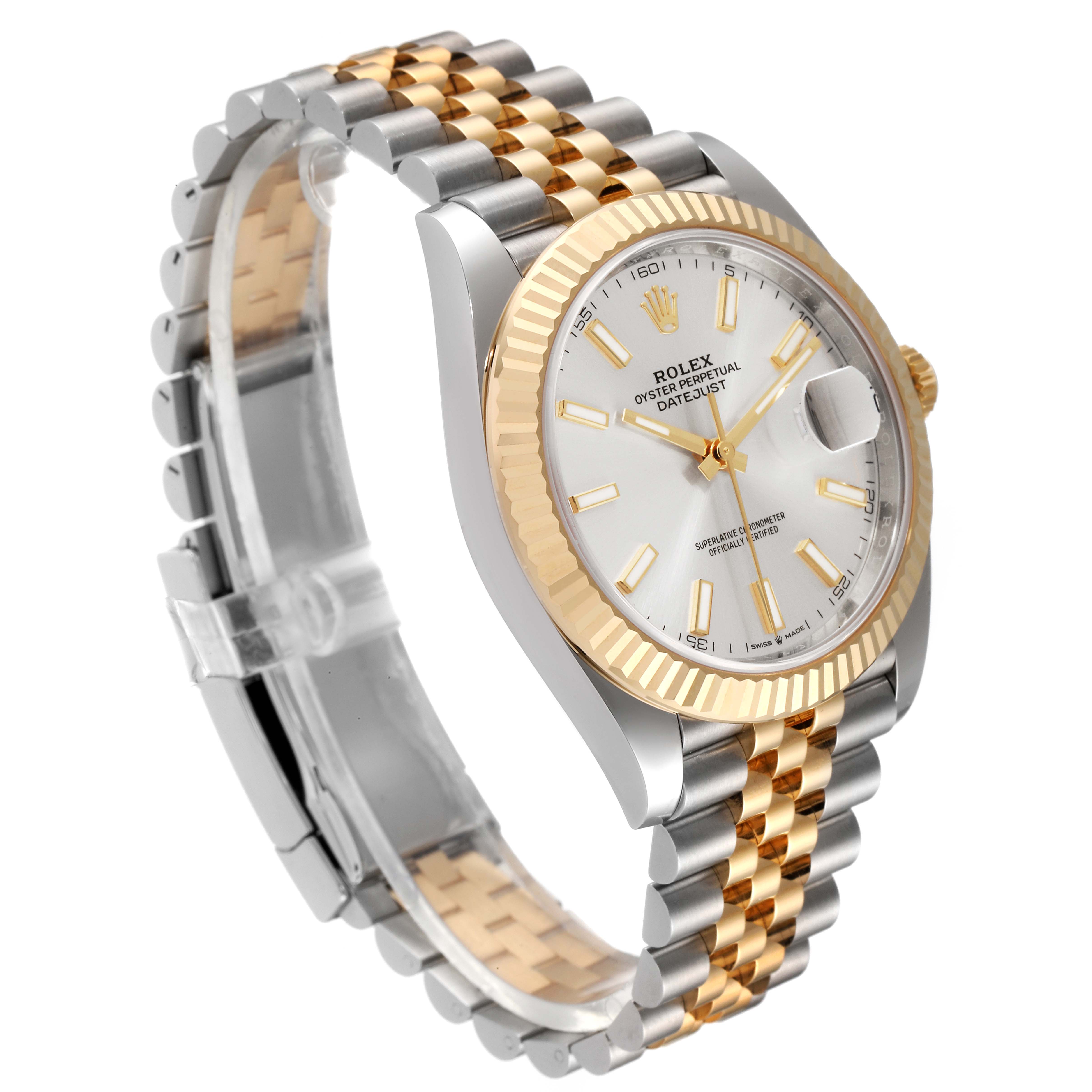 The image shows a Rolex Datejust 41 126333 Men's Steel and Gold (two tone) Silver Dial 126333 Men's Steel and Gold (two tone) Silver Dial watch from a side angle, highlighting the face, bezel, and two-tone bracelet.