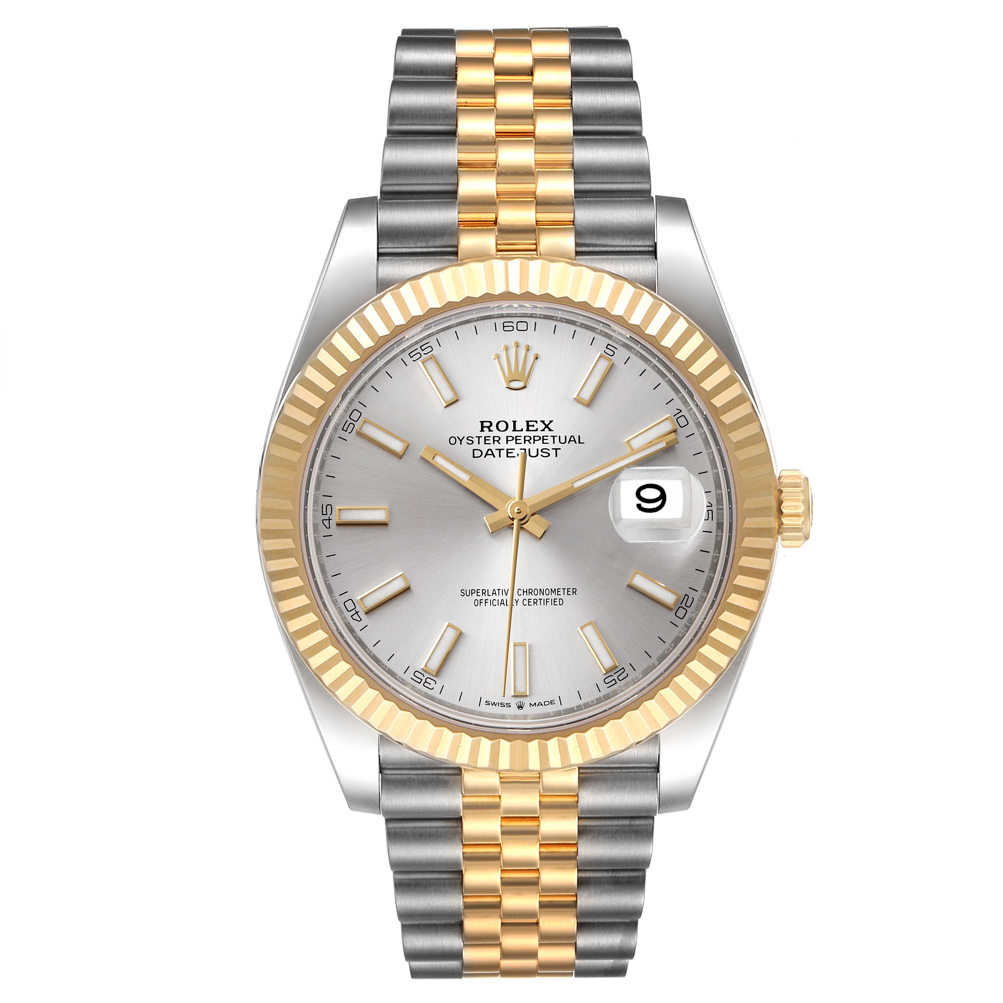 The image shows a front view of the Rolex Datejust 41 126333 Men's Steel and Gold (two tone) Silver Dial 126333 Men's Steel and Gold (two tone) Silver Dial watch, highlighting its two-tone bracelet and fluted bezel.