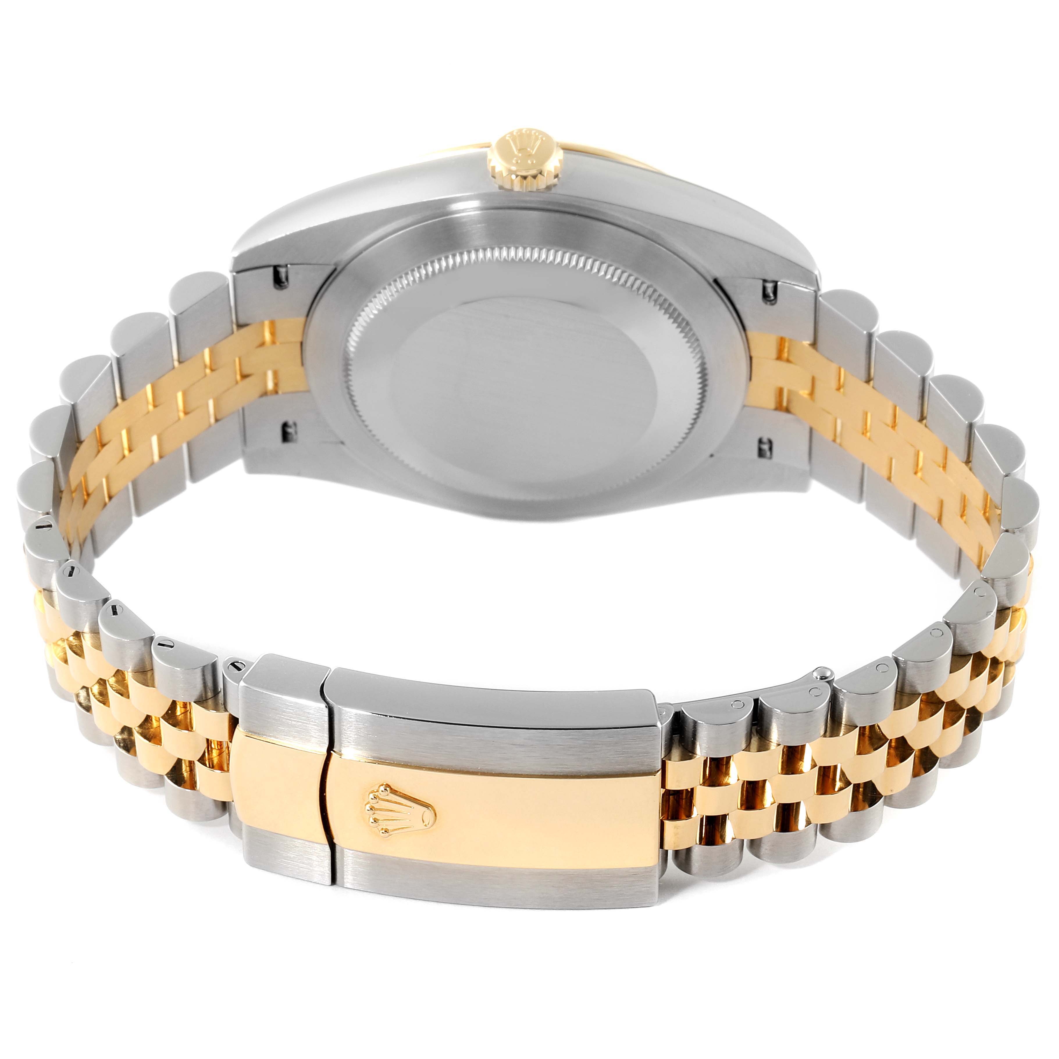 The image shows the back view of a Rolex Datejust 41 126333 Men's Steel and Gold (two tone) Silver Dial 126333 Men's Steel and Gold (two tone) Silver Dial, highlighting the case back and the two-tone bracelet with clasp.