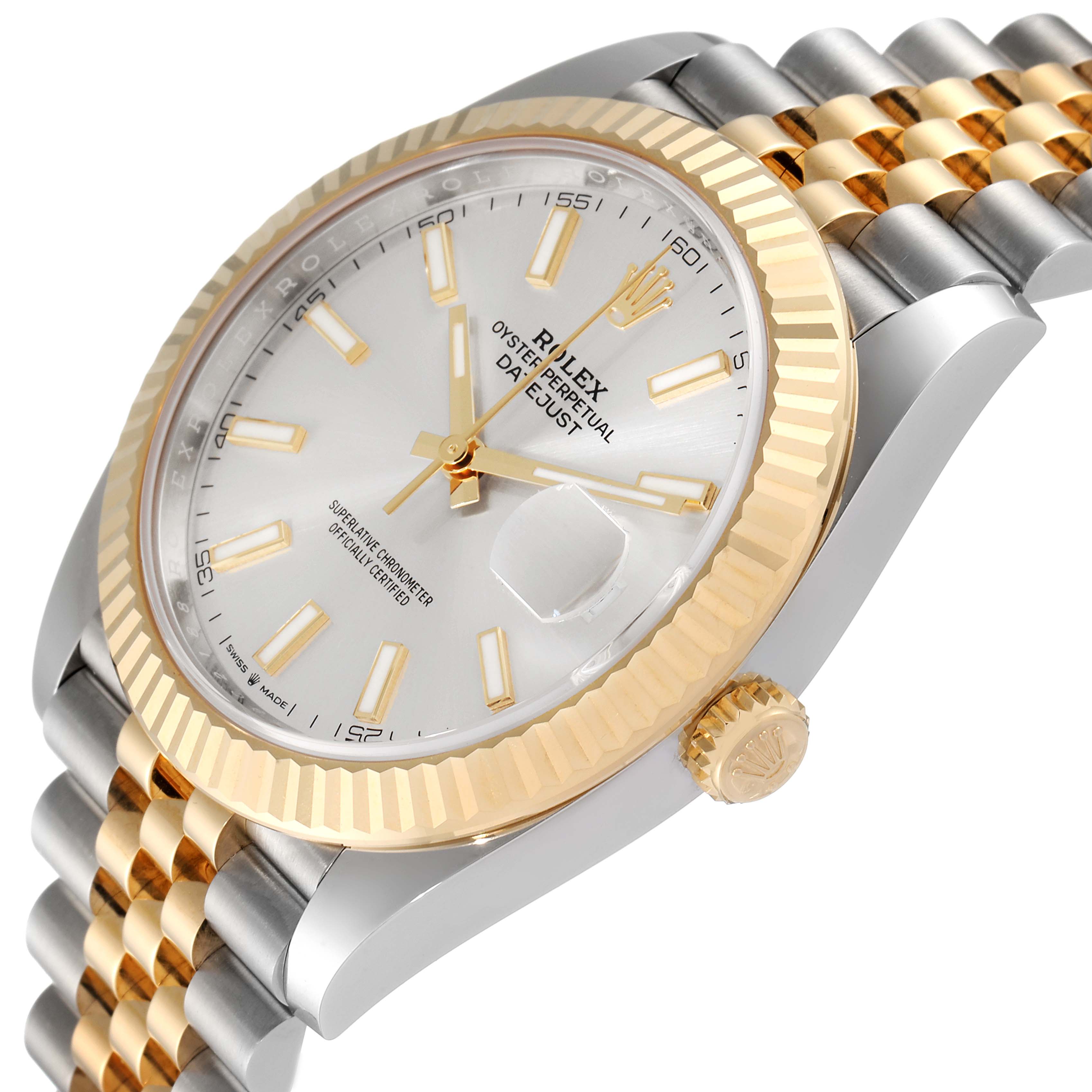 This image shows a close-up angled view of the Rolex Datejust 41 126333 Men's Steel and Gold (two tone) Silver Dial 126333 Men's Steel and Gold (two tone) Silver Dial watch, highlighting its gold bezel, crown, and two-tone bracelet.