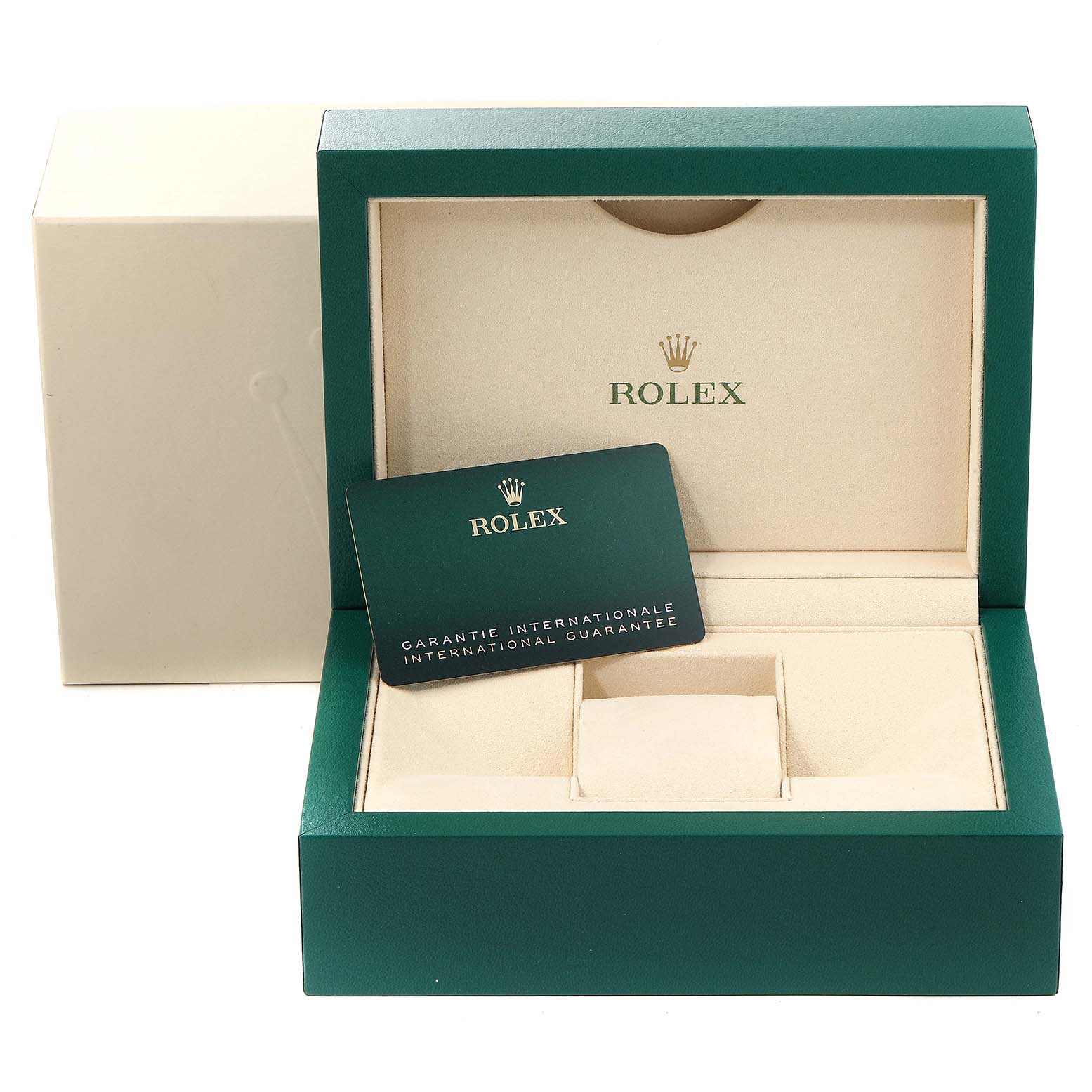 The image shows an open green Rolex box for the Datejust 41 model, featuring the warranty card placed inside.