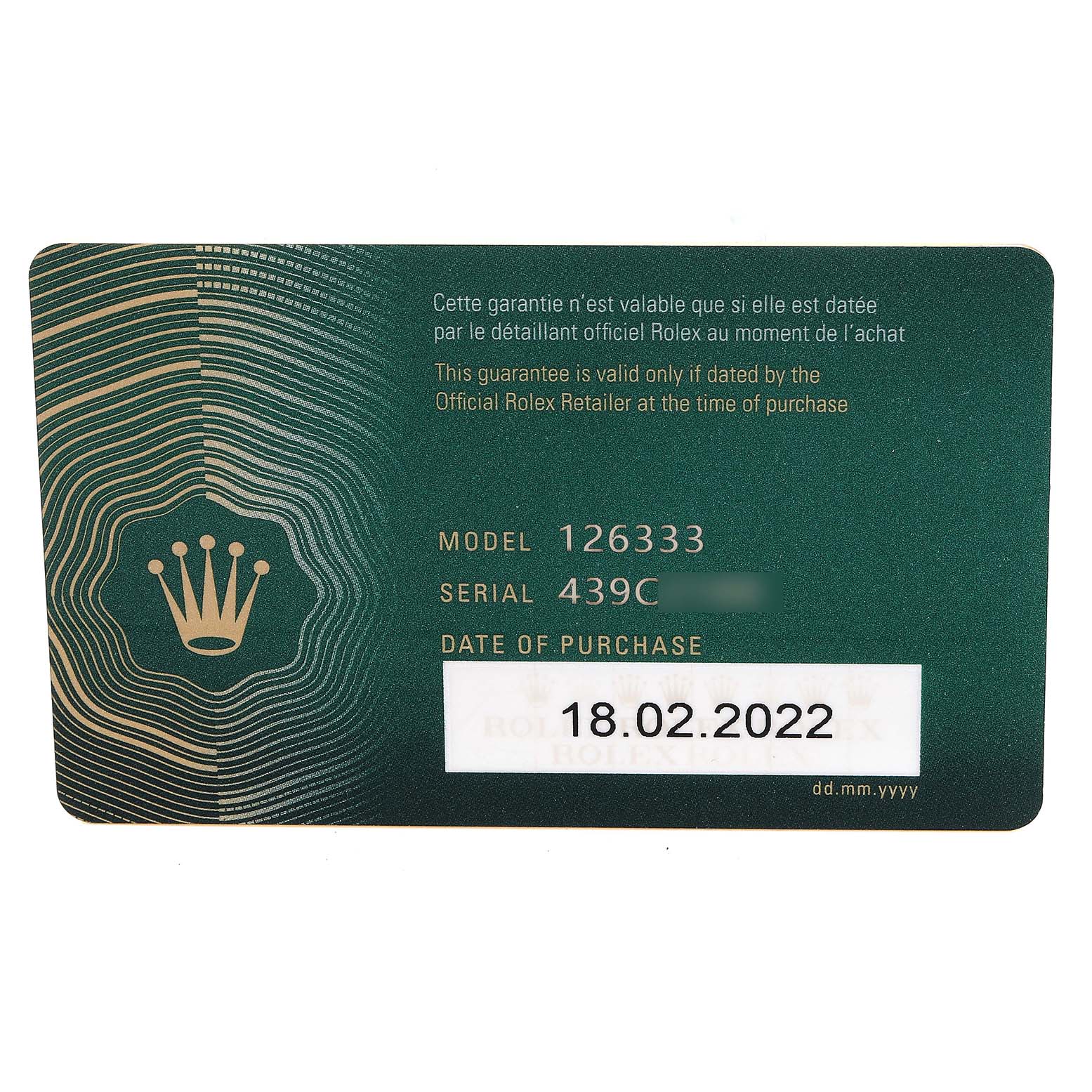 This image shows a guarantee card for the Rolex Datejust 41 126333 Men's Steel and Gold (two tone) Silver Dial 126333 Men's Steel and Gold (two tone) Silver Dial model with serial and purchase date details.