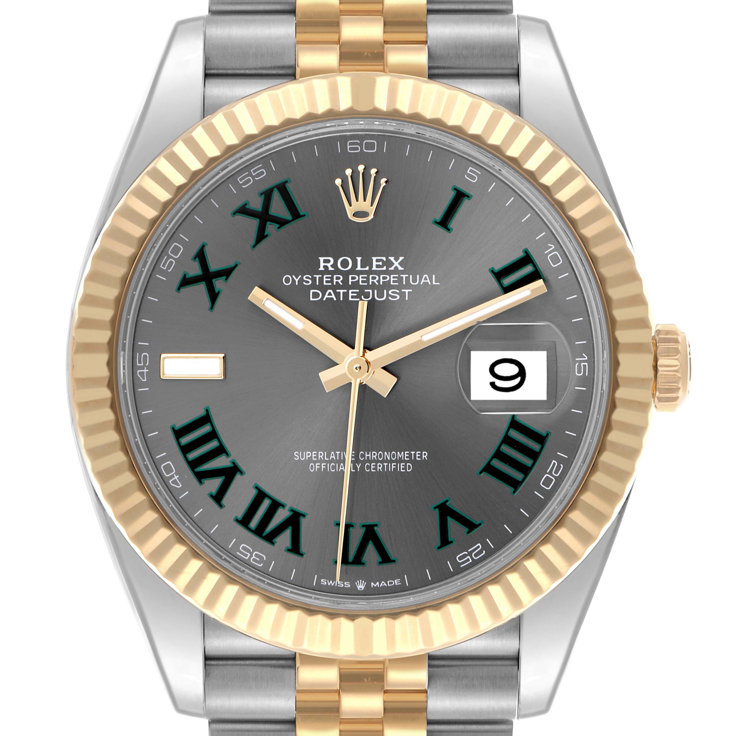 The Rolex Datejust 41 126333 Men's Steel and Gold (two tone) Grey Dial 126333 Men's Steel and Gold (two tone) Grey Dial is shown from the front, highlighting its bezel, dial, hands, date window, and bracelet.