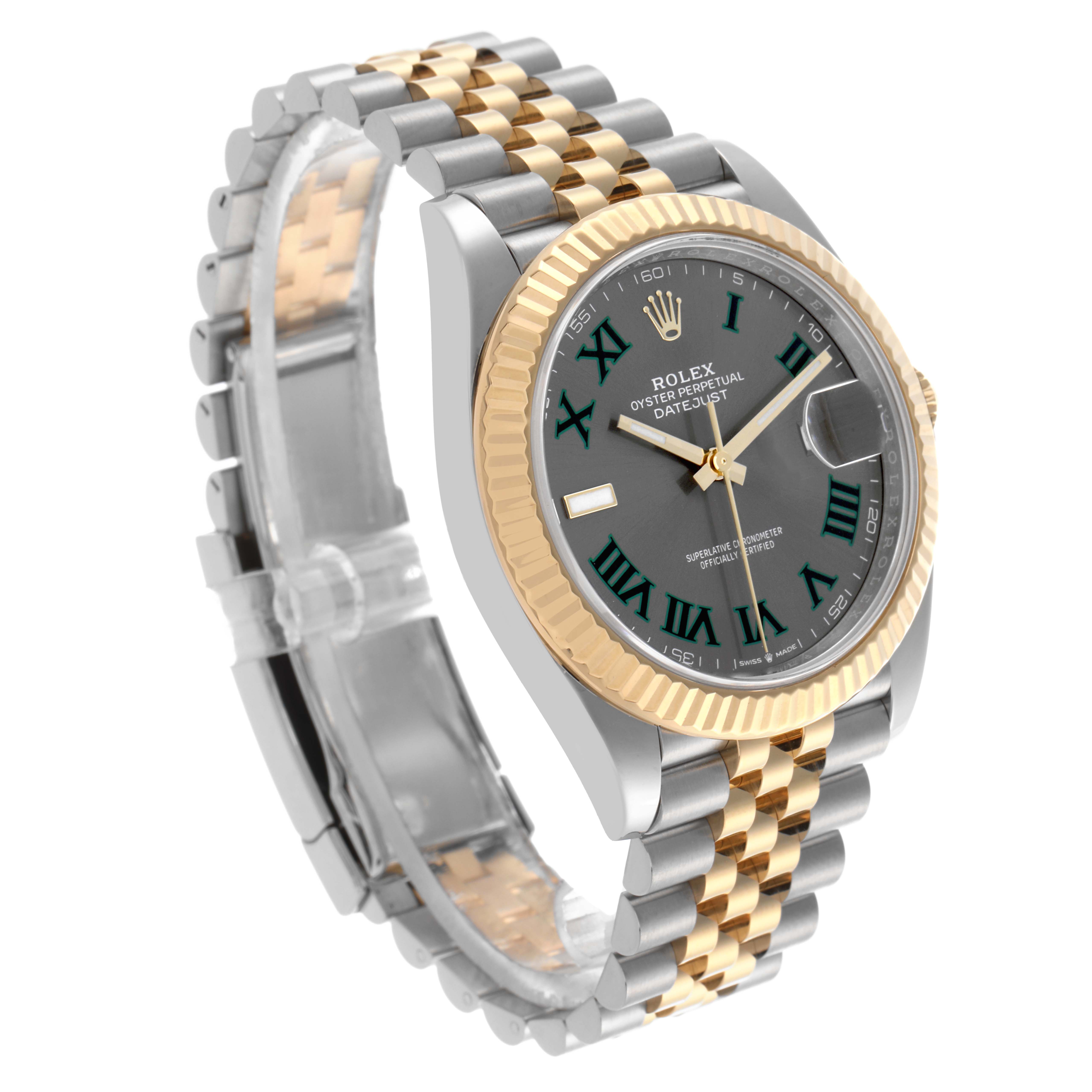The Rolex Datejust 41 126333 Men's Steel and Gold (two tone) Grey Dial 126333 Men's Steel and Gold (two tone) Grey Dial watch is shown at a slight angle, highlighting the face, fluted bezel, and Jubilee bracelet.