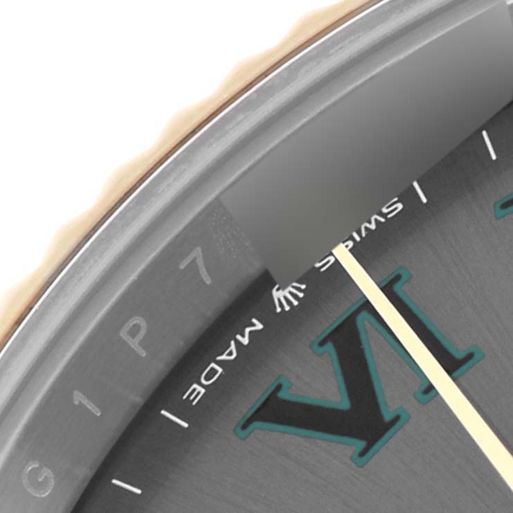 The image shows a close-up of the dial and bezel of a Rolex Datejust 41 126333 Men's Steel and Gold (two tone) Grey Dial 126333 Men's Steel and Gold (two tone) Grey Dial, highlighting the Roman numeral VI and "Swiss Made."