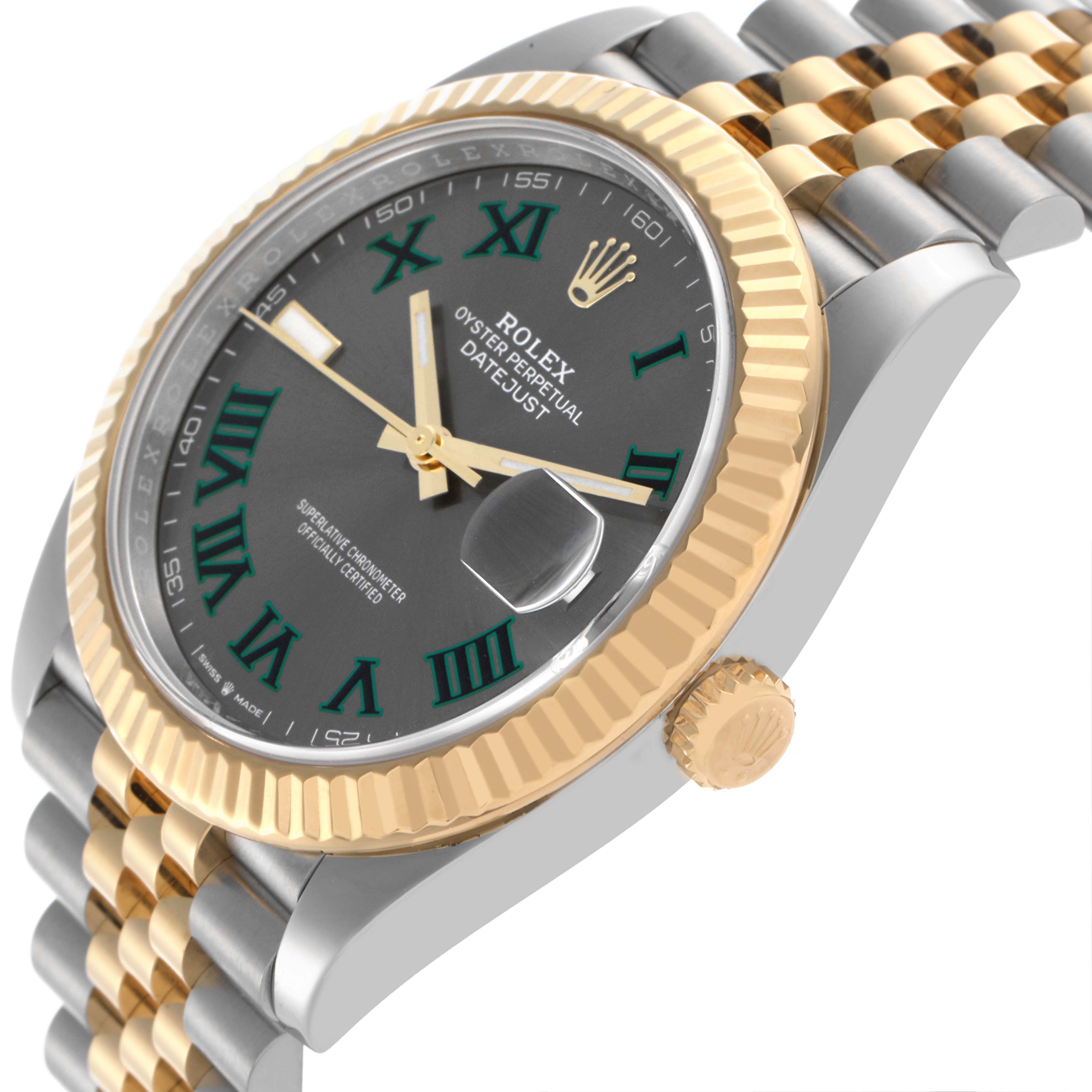 The image shows a side angle of the Rolex Datejust 41 126333 Men's Steel and Gold (two tone) Grey Dial 126333 Men's Steel and Gold (two tone) Grey Dial, highlighting the fluted bezel, crown, dial, and jubilee bracelet.