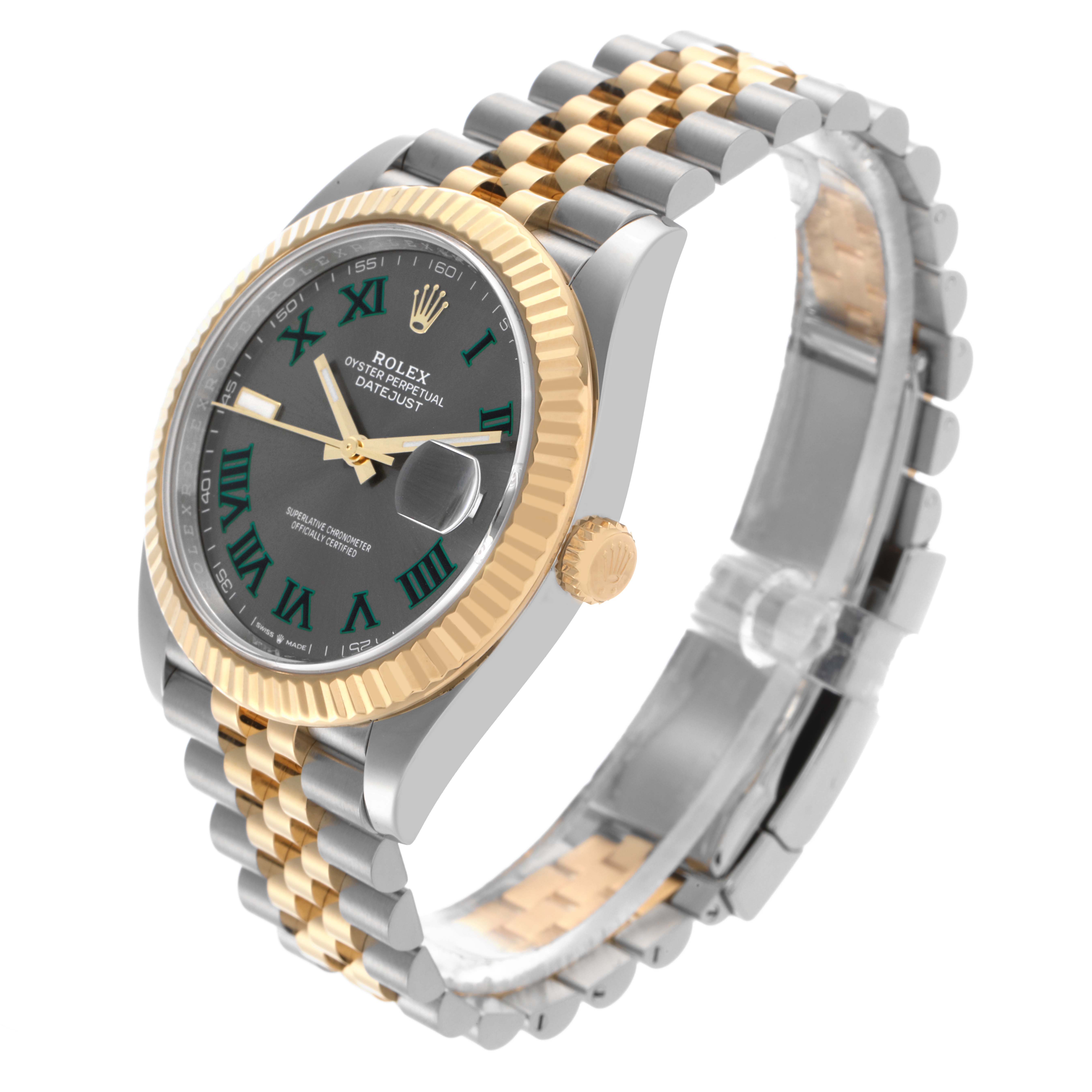 The Rolex Datejust 41 126333 Men's Steel and Gold (two tone) Grey Dial 126333 Men's Steel and Gold (two tone) Grey Dial is shown at an angle highlighting the two-tone bracelet, fluted bezel, and dial with Roman numerals.