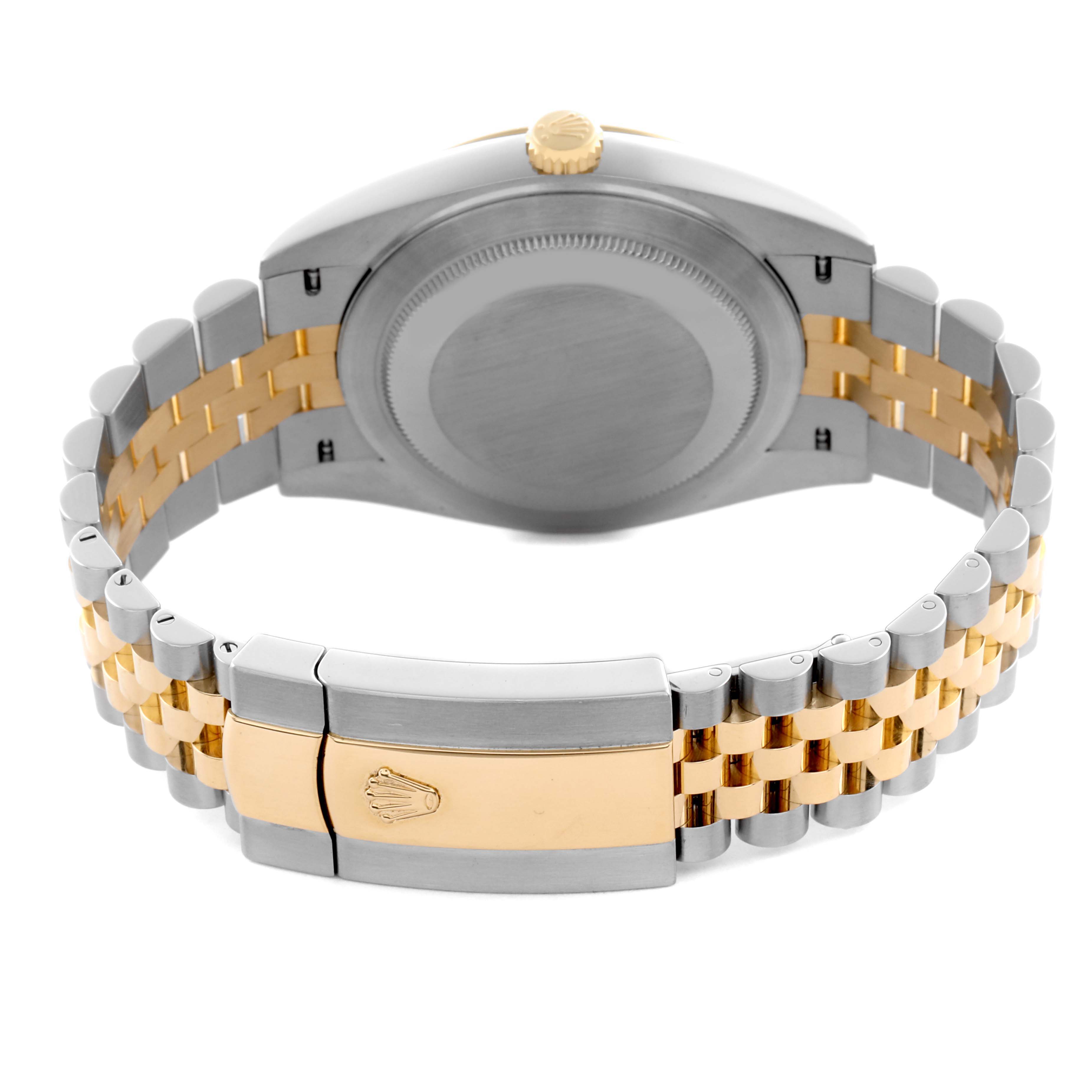 The image shows the back of a Rolex Datejust 41 126333 Men's Steel and Gold (two tone) Grey Dial 126333 Men's Steel and Gold (two tone) Grey Dial, highlighting its two-tone bracelet and clasp.