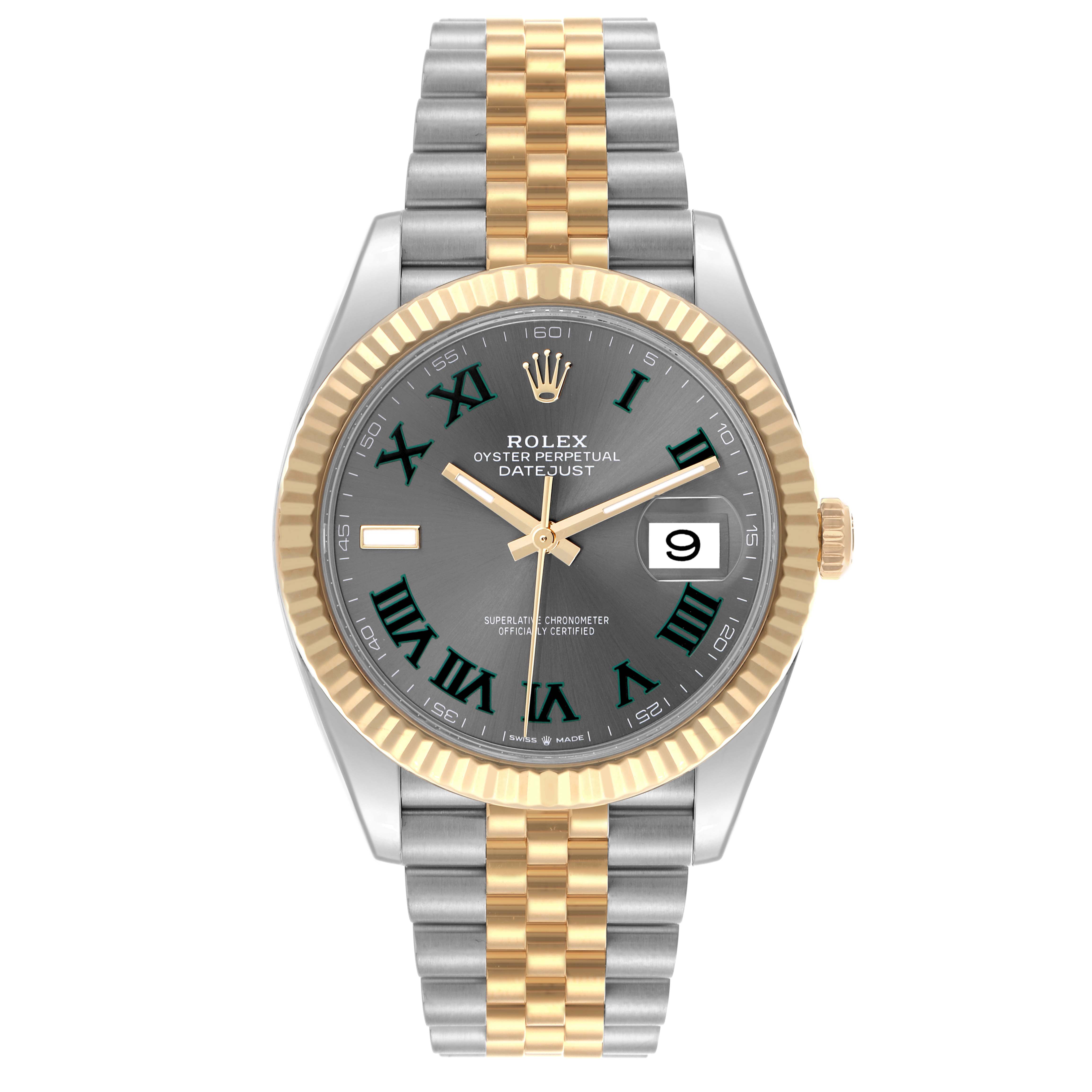 The Rolex Datejust 41 126333 Men's Steel and Gold (two tone) Grey Dial 126333 Men's Steel and Gold (two tone) Grey Dial watch is shown from the front, highlighting the bezel, dial, bracelet, and date window.