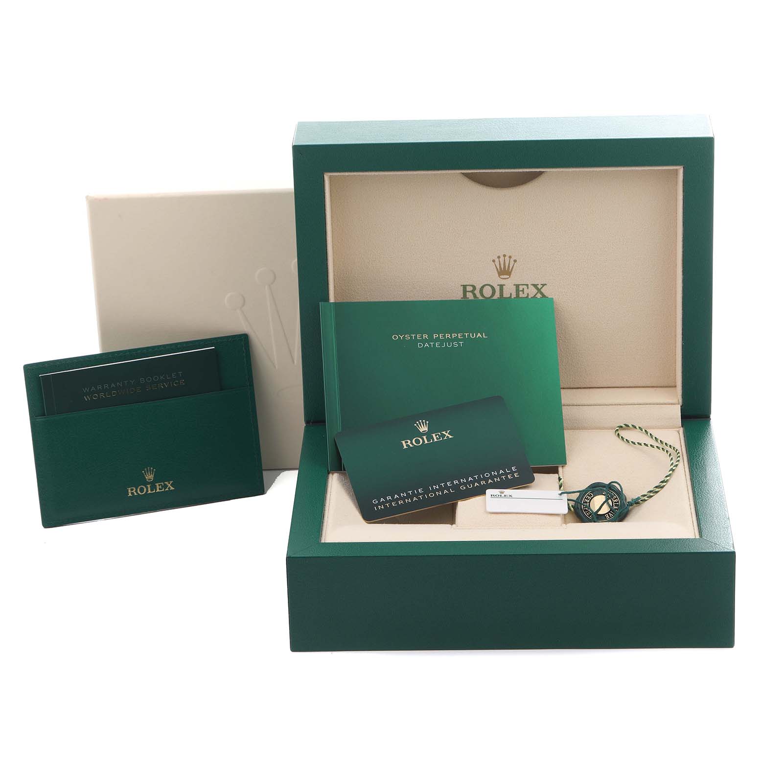 The image shows a Rolex Datejust 41 126333 Men's Steel and Gold (two tone) Grey Dial 126333 Men's Steel and Gold (two tone) Grey Dial watch box with a warranty card, booklet, and tag, viewed from the front.