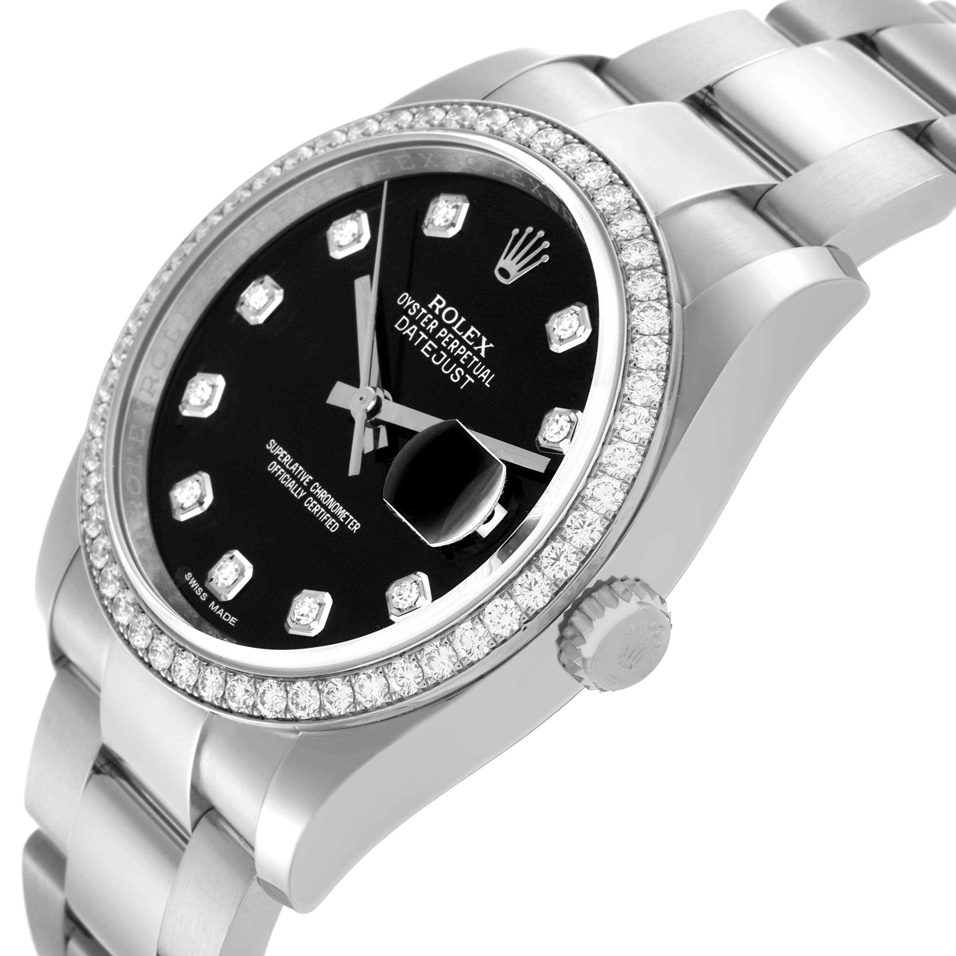 The Rolex Datejust 116244 Men
s Stainless Steel Black Dial 116244 Men
s Stainless Steel Black Dial watch is shown at an angle highlighting the bezel, crown, and bracelet.