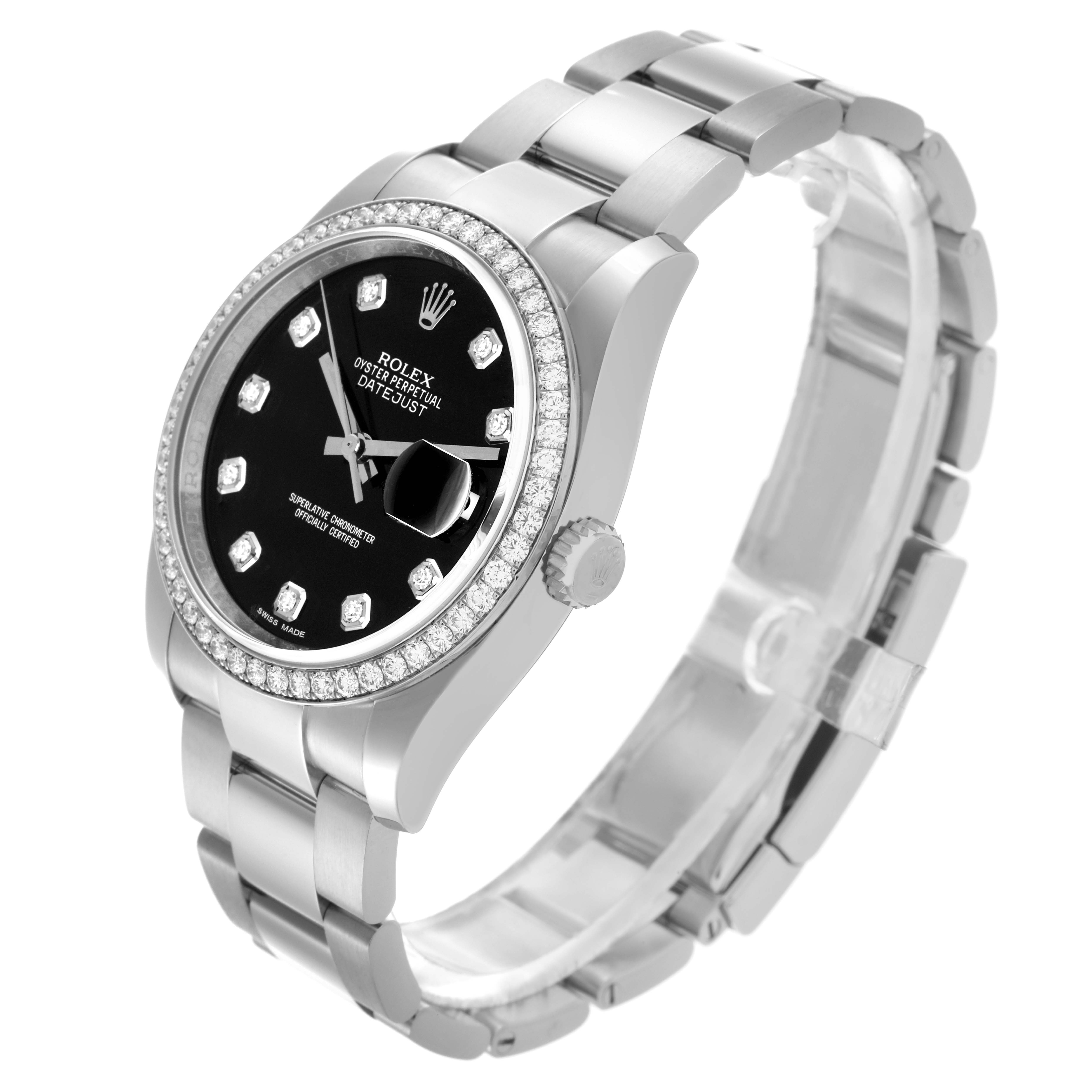 The Rolex Datejust 116244 Men
s Stainless Steel Black Dial 116244 Men
s Stainless Steel Black Dial watch is shown at a three-quarter angle, featuring the bezel, dial, bracelet, and crown.