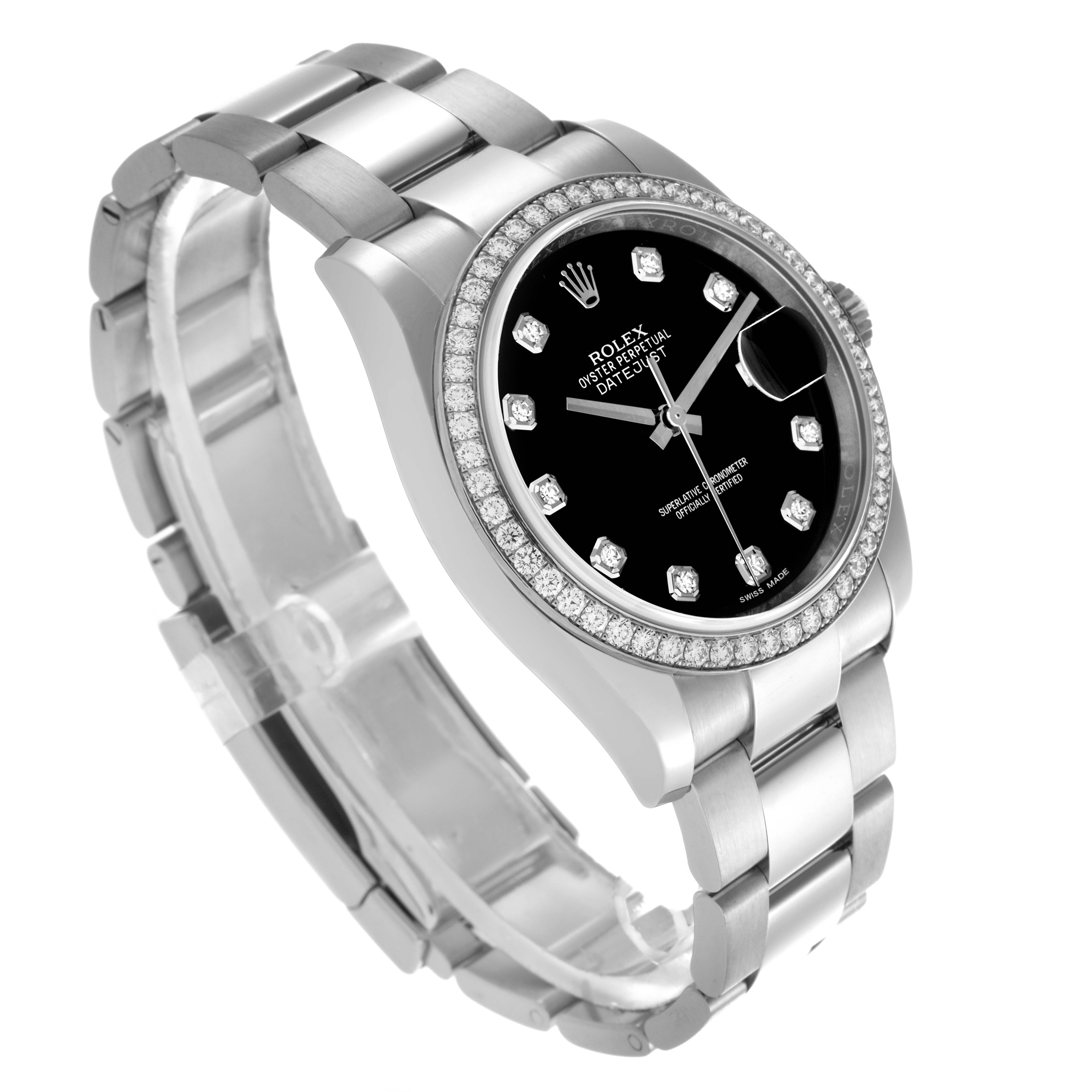 The Rolex Datejust 116244 Men
s Stainless Steel Black Dial 116244 Men
s Stainless Steel Black Dial watch is shown at a three-quarter angle emphasizing the face, bezel, bracelet, and side of the case.