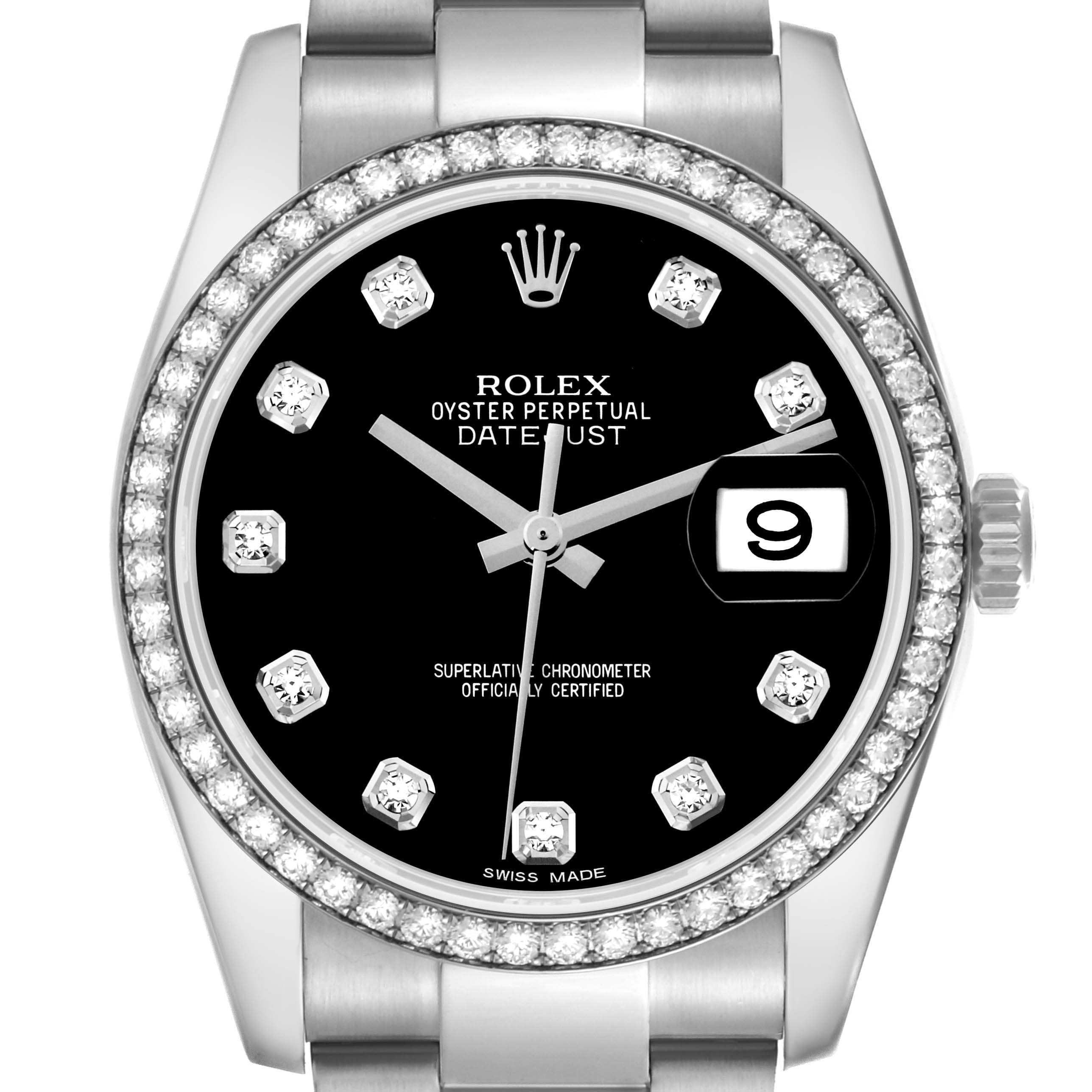The Rolex Datejust 116244 Men
s Stainless Steel Black Dial 116244 Men
s Stainless Steel Black Dial watch is shown from the front, highlighting the dial, bezel, date window, and part of the stainless steel bracelet.