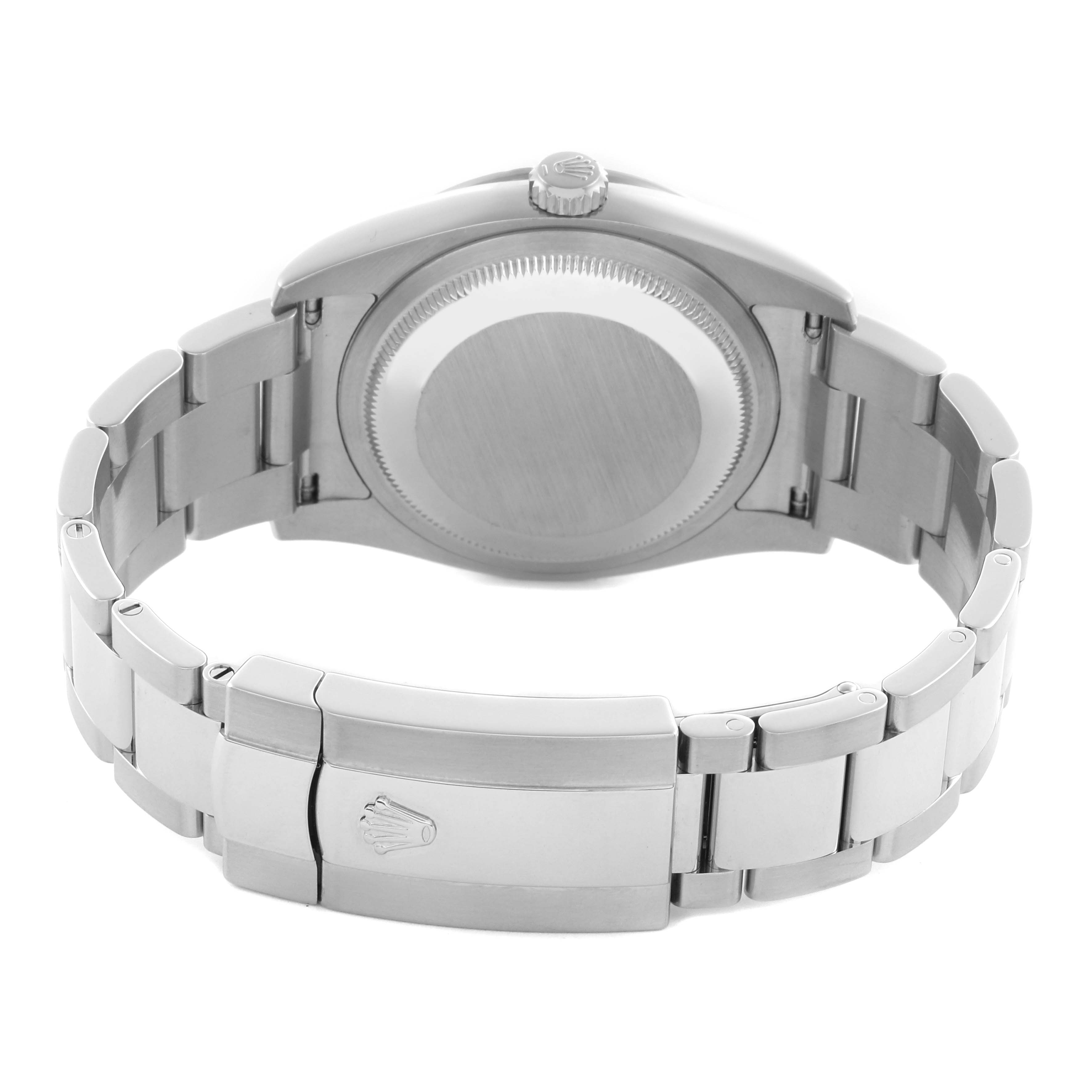 The image shows the back of the Rolex Datejust 116244 Men
s Stainless Steel Black Dial 116244 Men
s Stainless Steel Black Dial, focusing on the clasp, case back, and bracelet links.