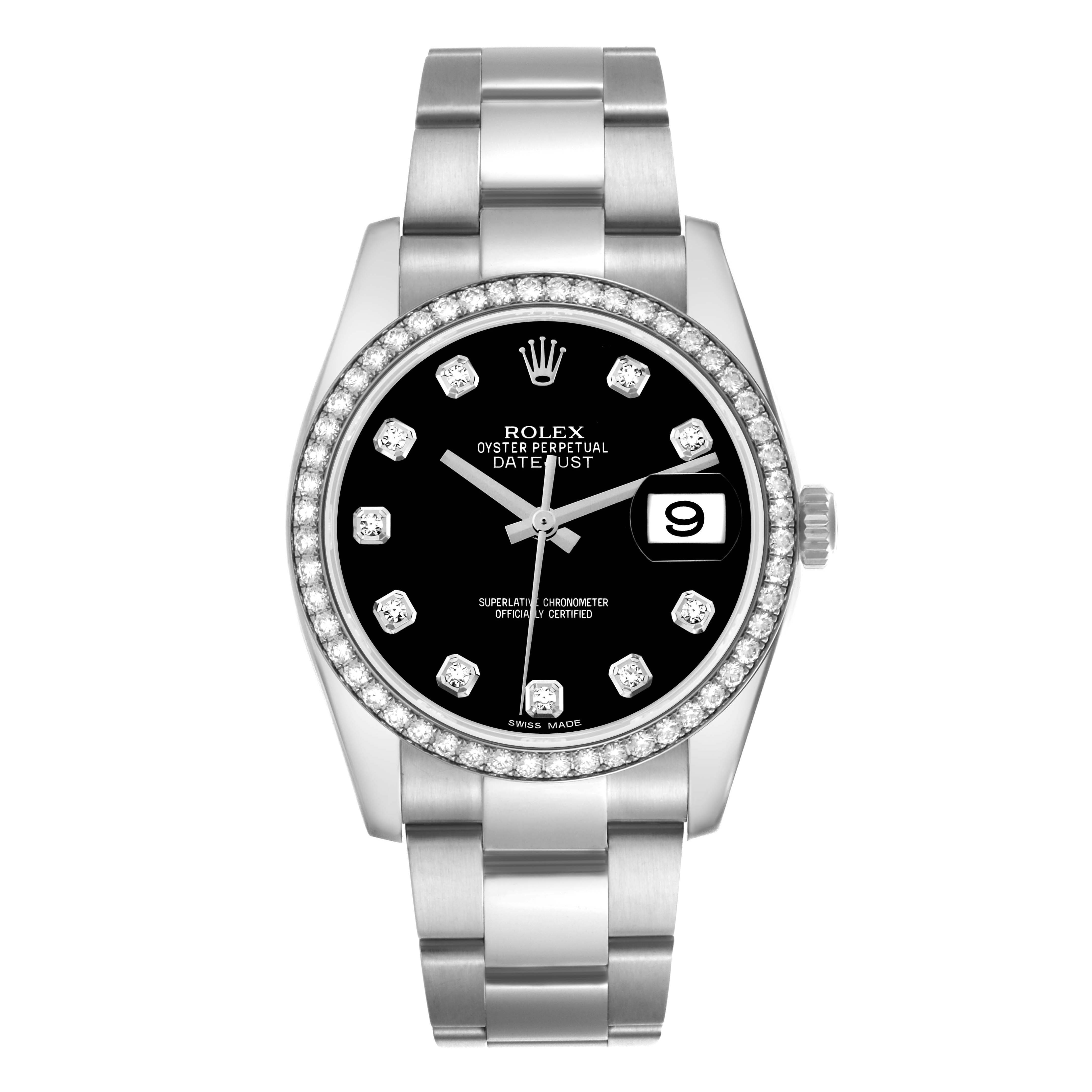 The image shows a front view of a Rolex Datejust 116244 Men
s Stainless Steel Black Dial 116244 Men
s Stainless Steel Black Dial watch, highlighting the dial, bezel, and bracelet.
