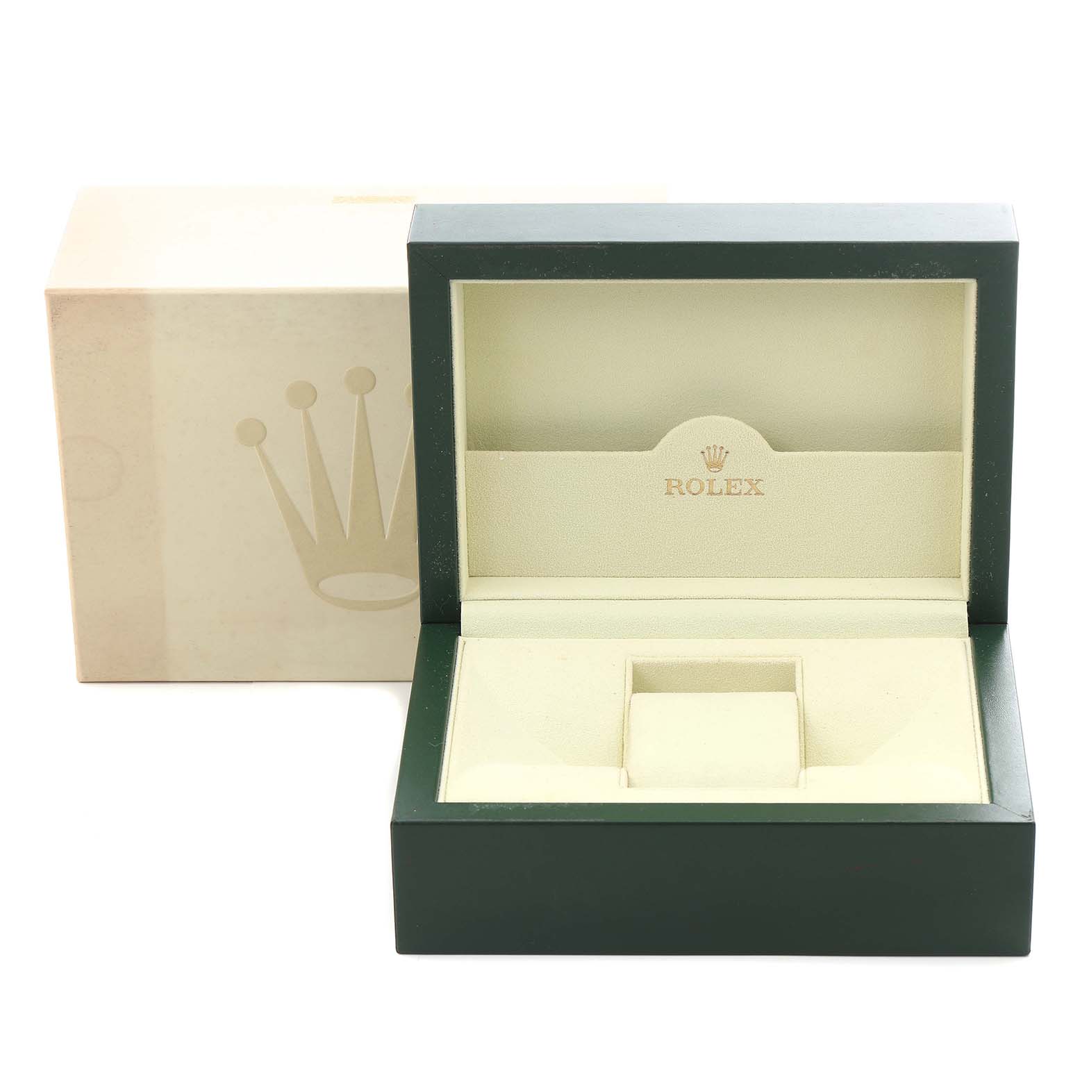 The image shows an open Rolex Datejust 116244 Men
s Stainless Steel Black Dial 116244 Men
s Stainless Steel Black Dial watch box and its outer casing from a front angle.