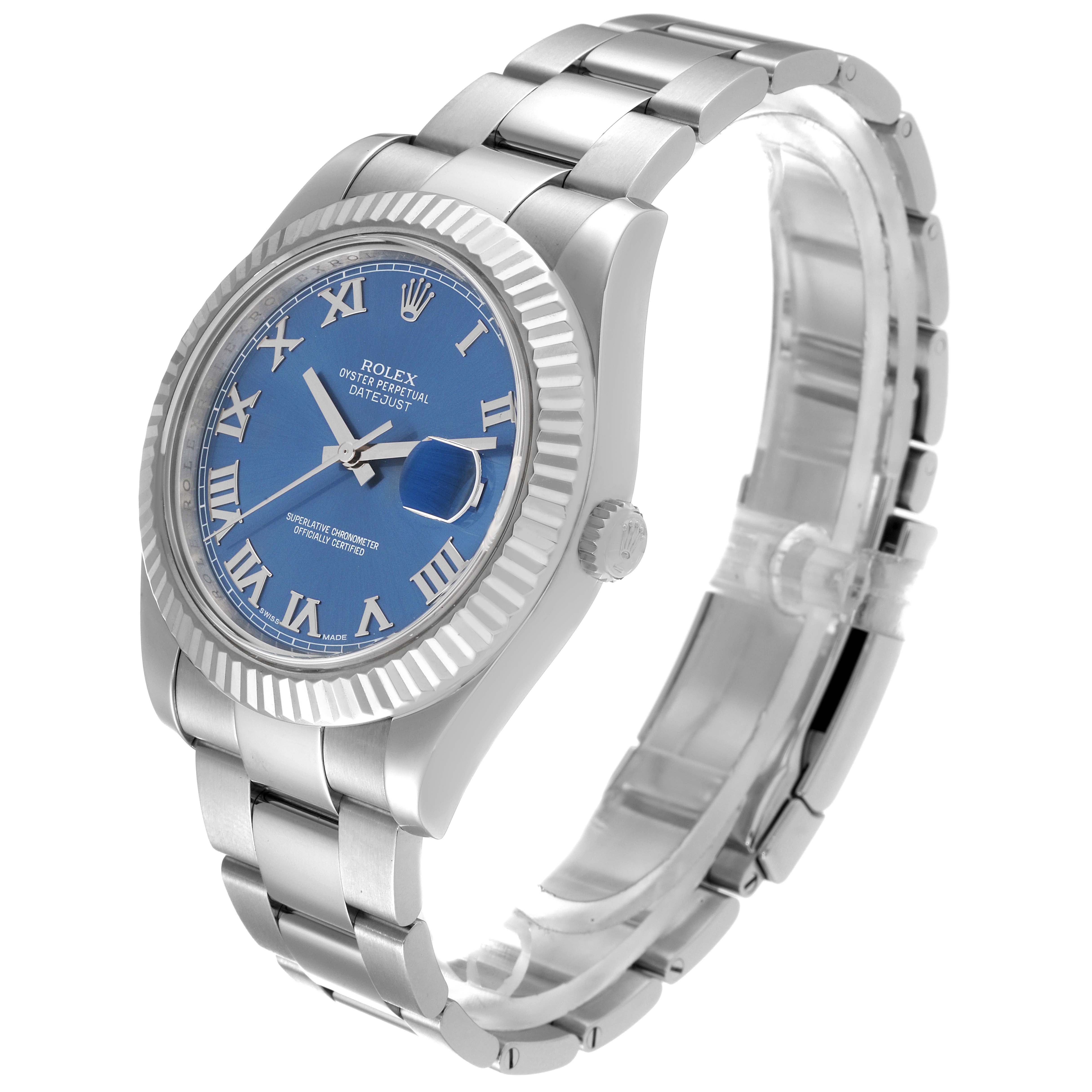 The image shows a Rolex Datejust 41 116334 Men's Stainless Steel Blue Dial 116334 Men's Stainless Steel Blue Dial watch from an angled side view, highlighting the bracelet, dial, and bezel.