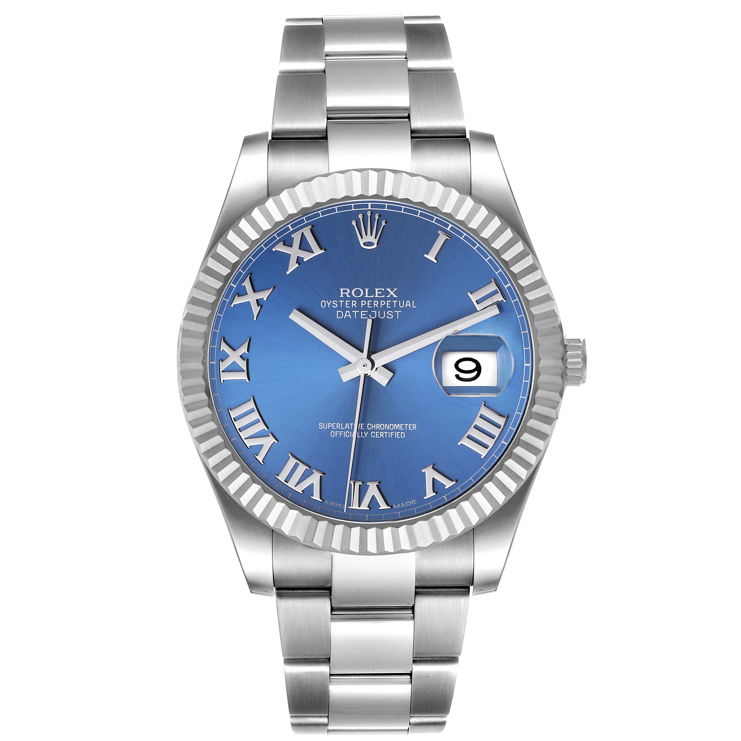 The image shows a frontal view of the Rolex Datejust 41 116334 Men's Stainless Steel Blue Dial 116334 Men's Stainless Steel Blue Dial watch, highlighting its blue dial, Roman numerals, and Oyster bracelet.