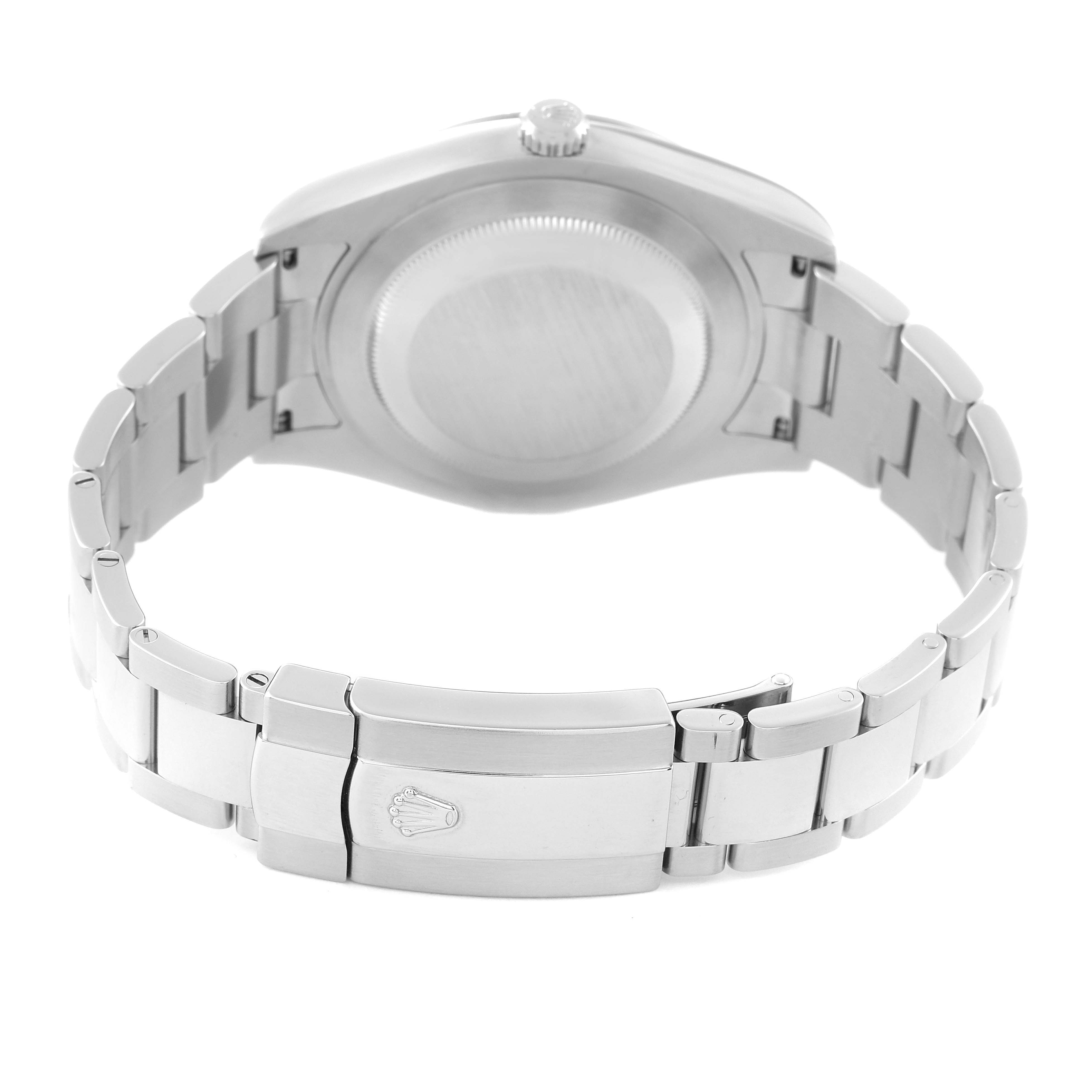 The image shows the back and clasp of a Rolex Datejust 41 116334 Men's Stainless Steel Blue Dial 116334 Men's Stainless Steel Blue Dial watch, with a prominent view of the bracelet and case back.