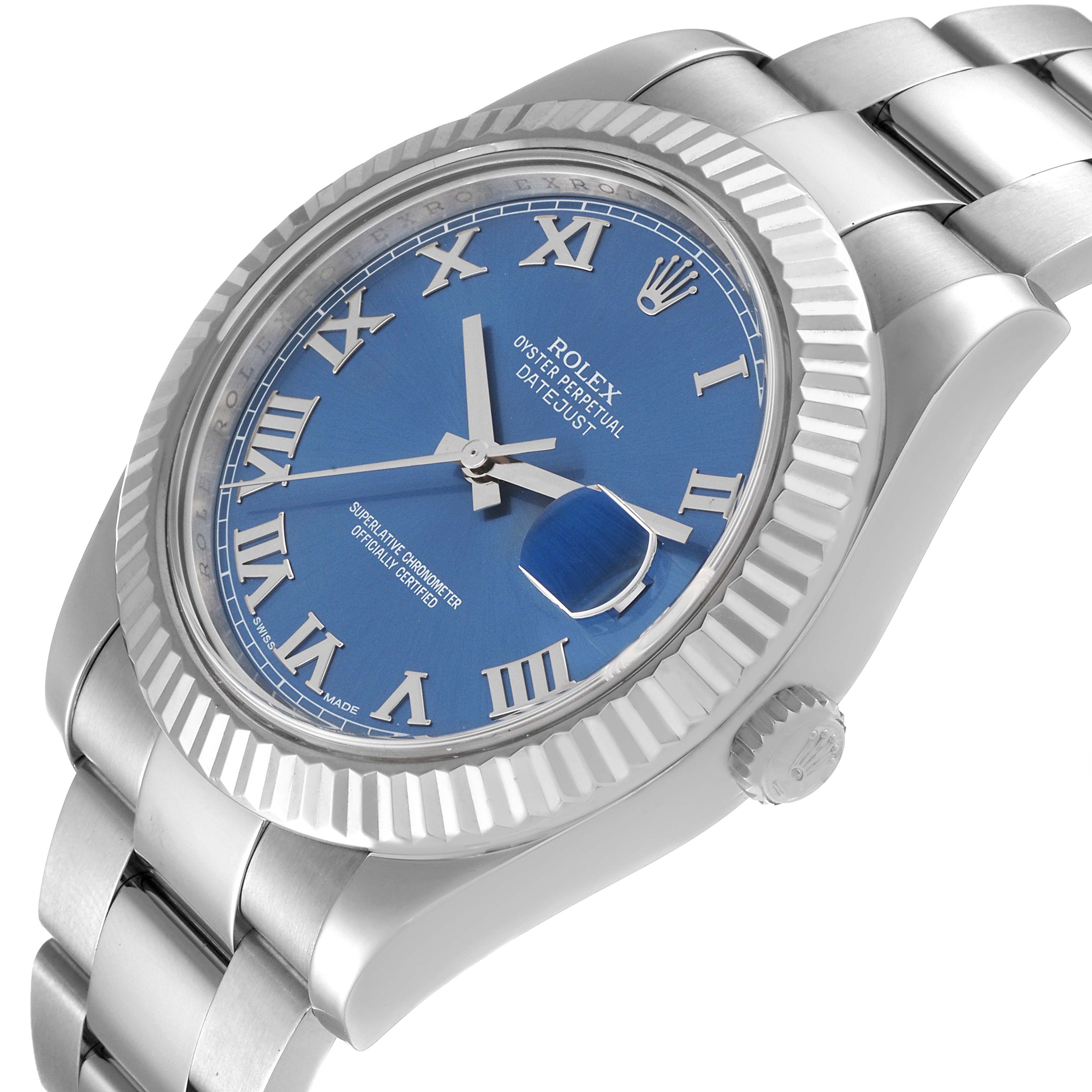 This image shows a Rolex Datejust 41 116334 Men's Stainless Steel Blue Dial 116334 Men's Stainless Steel Blue Dial watch from an angled top view, highlighting the blue dial, fluted bezel, and stainless steel bracelet.