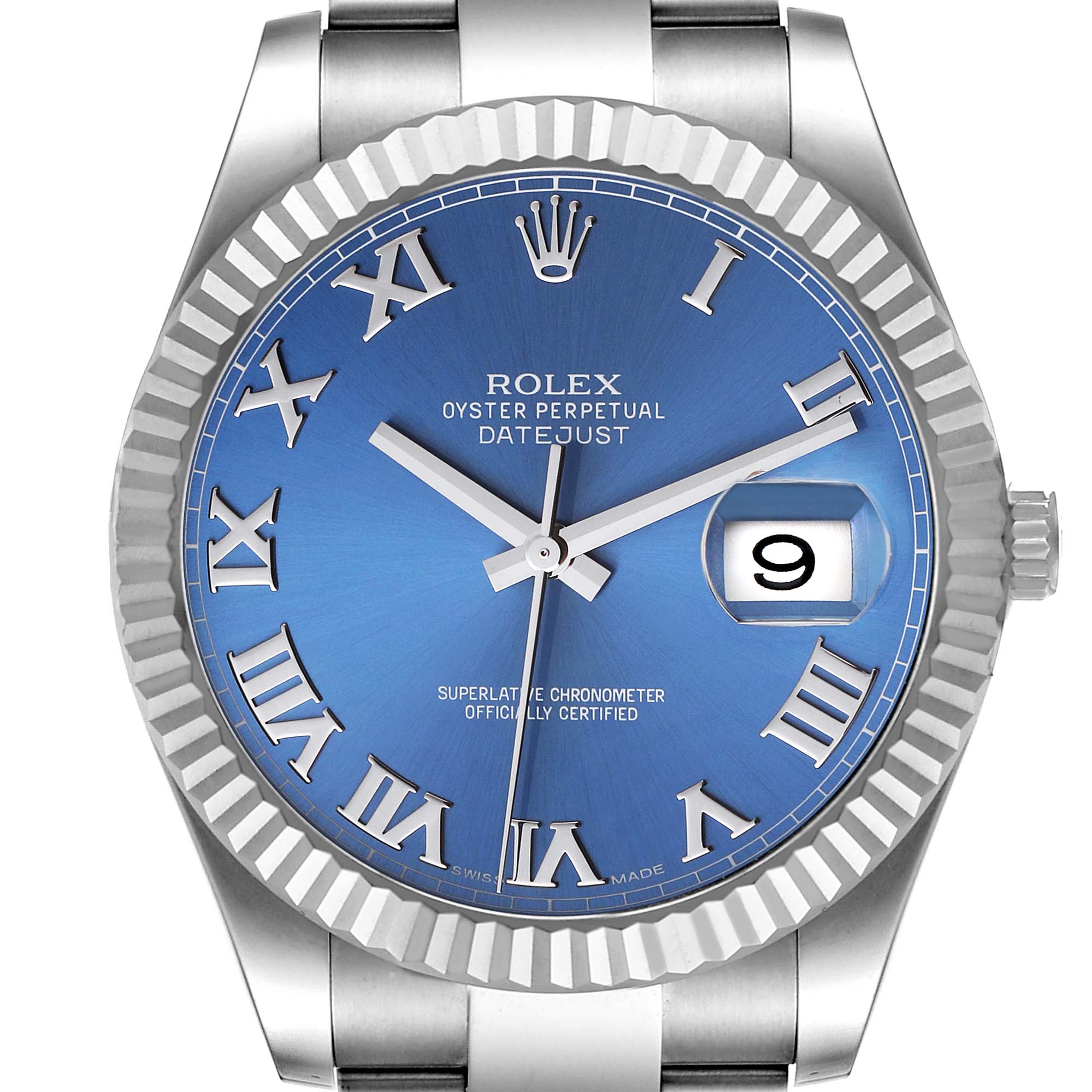 This image shows a front view of the Rolex Datejust 41 116334 Men's Stainless Steel Blue Dial 116334 Men's Stainless Steel Blue Dial watch, highlighting its blue dial, Roman numerals, fluted bezel, and date window at 3 o'clock.