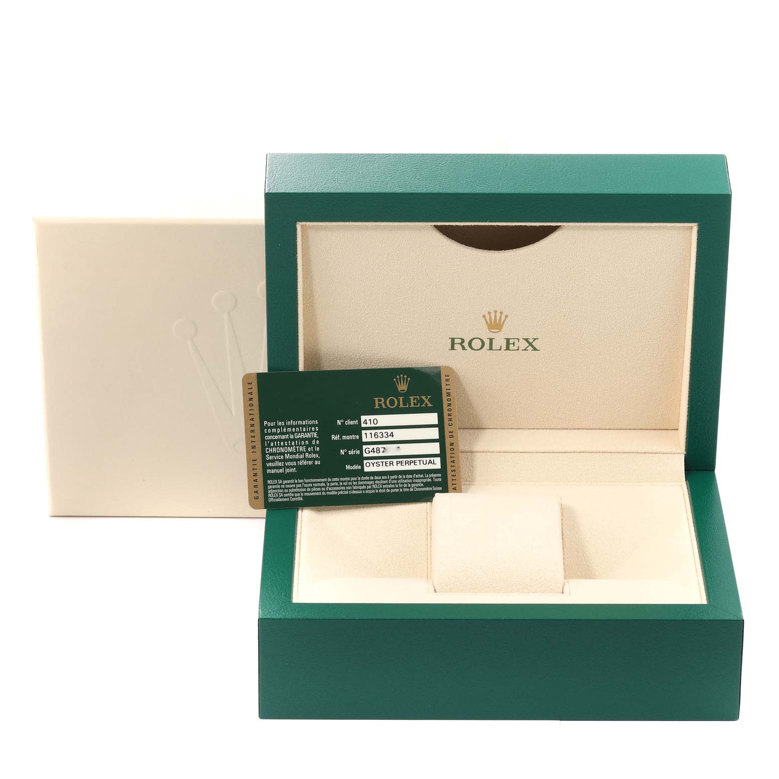 The image shows the packaging and guarantee card for the Rolex Datejust 41 116334 Men's Stainless Steel Blue Dial 116334 Men's Stainless Steel Blue Dial model, with an open green and beige box.