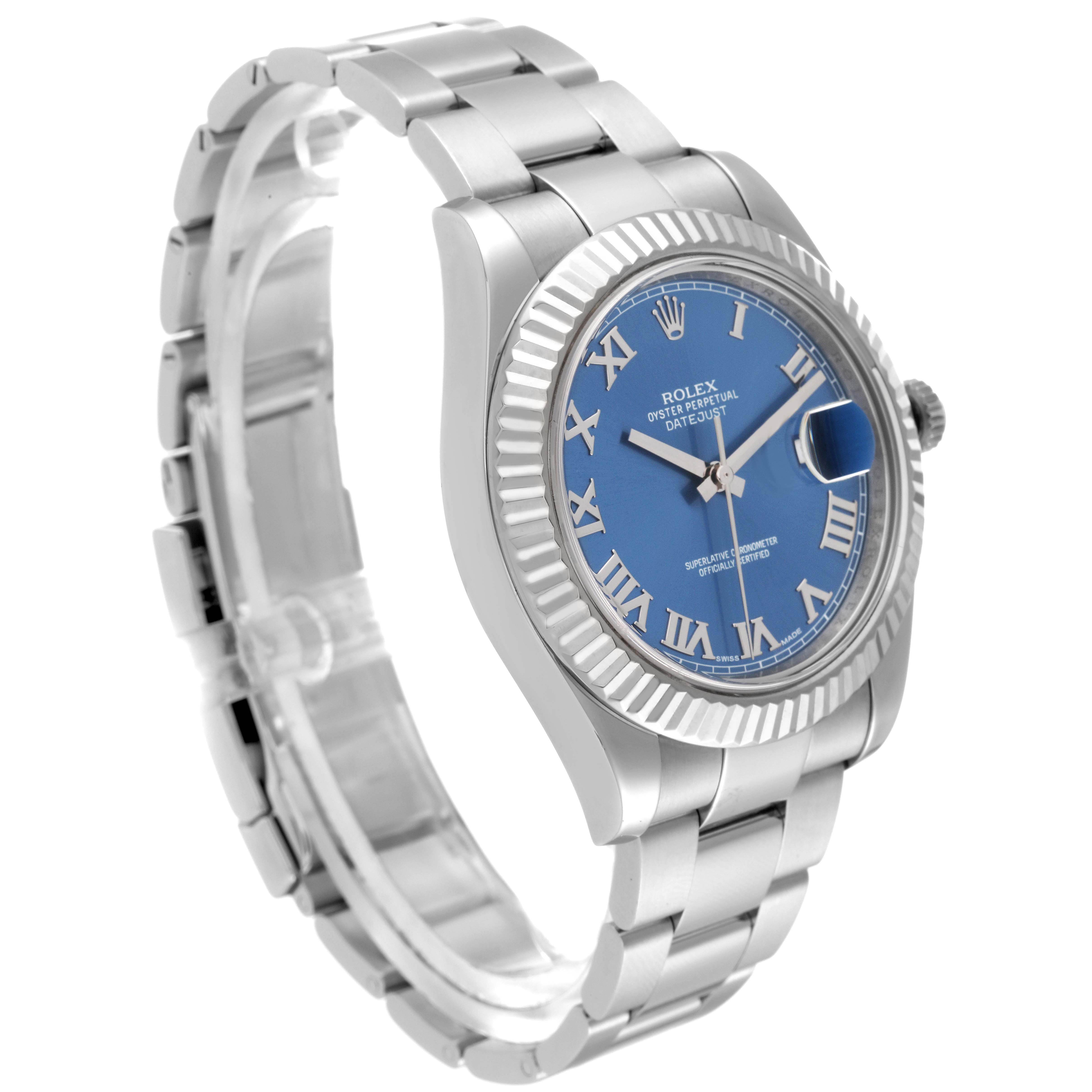 The image shows a Rolex Datejust 41 116334 Men's Stainless Steel Blue Dial 116334 Men's Stainless Steel Blue Dial watch at a slight side angle, displaying its blue dial, bezel, and bracelet.