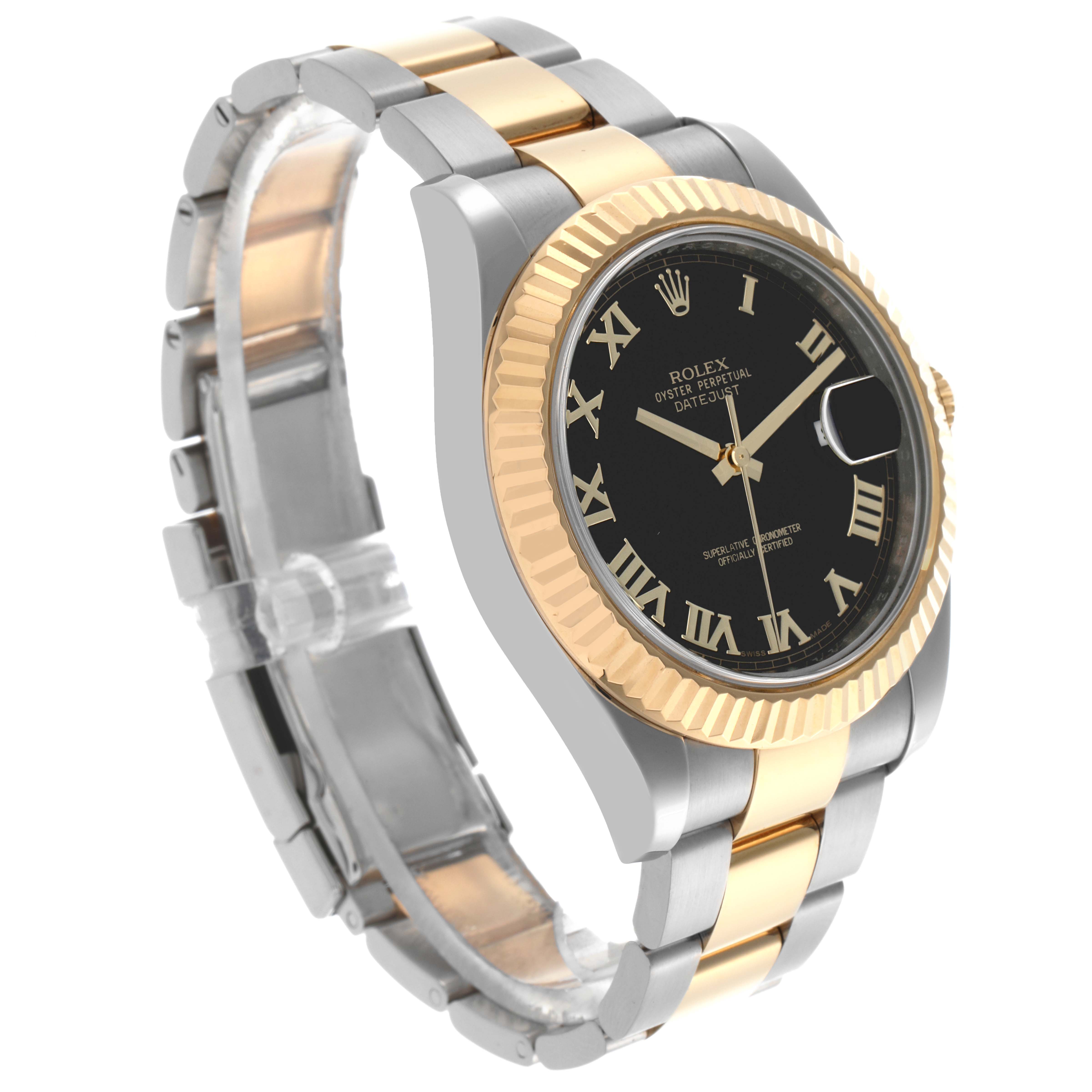 The Rolex Datejust 41 116333 Men's Steel and Gold (two tone) Black Dial 116333 Men's Steel and Gold (two tone) Black Dial is shown at a three-quarter angle, highlighting its gold fluted bezel, black dial, Roman numerals, and two-tone bracelet.