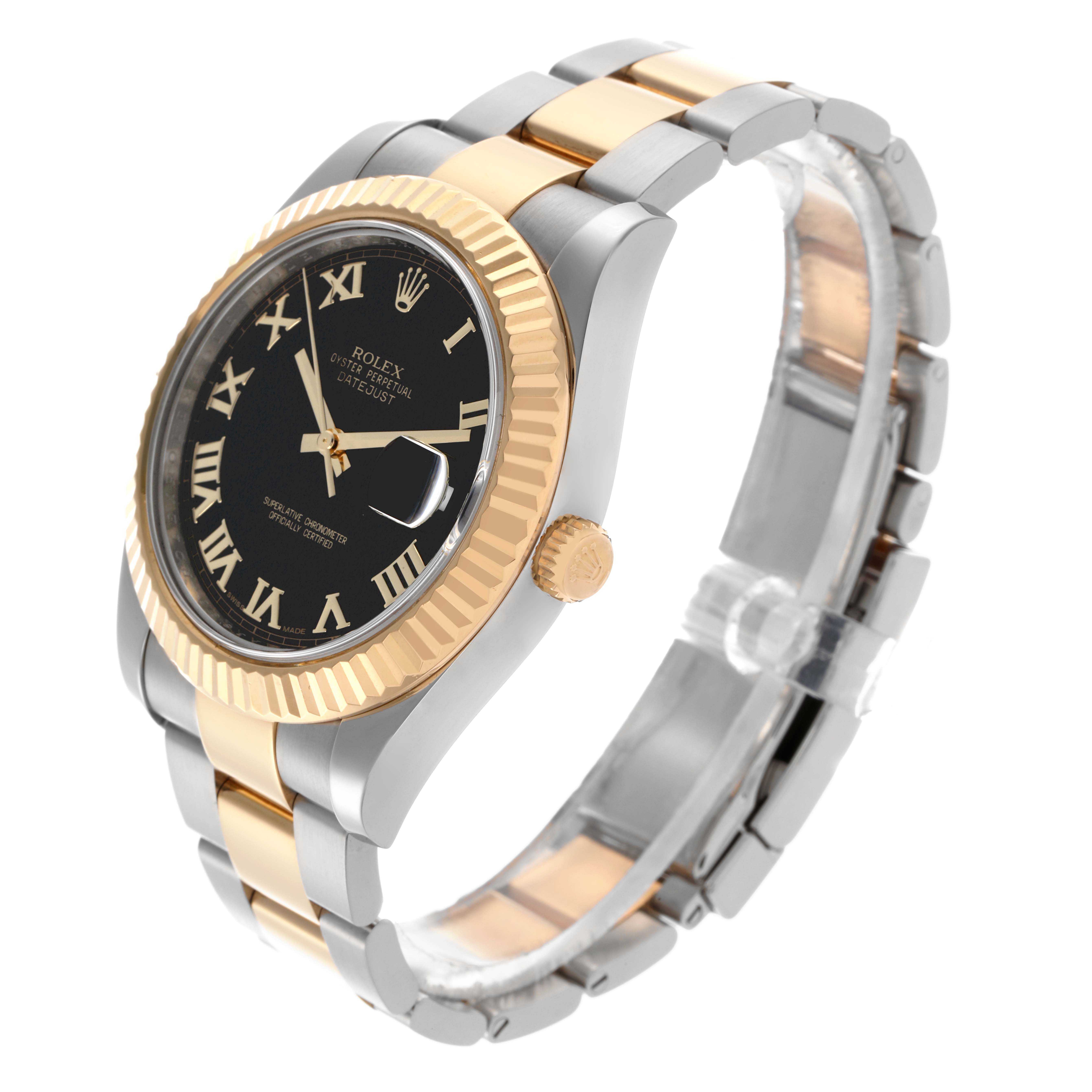 The image shows a Rolex Datejust 41 116333 Men's Steel and Gold (two tone) Black Dial 116333 Men's Steel and Gold (two tone) Black Dial watch at a three-quarter angle, highlighting the black dial, gold bezel, and two-tone bracelet.