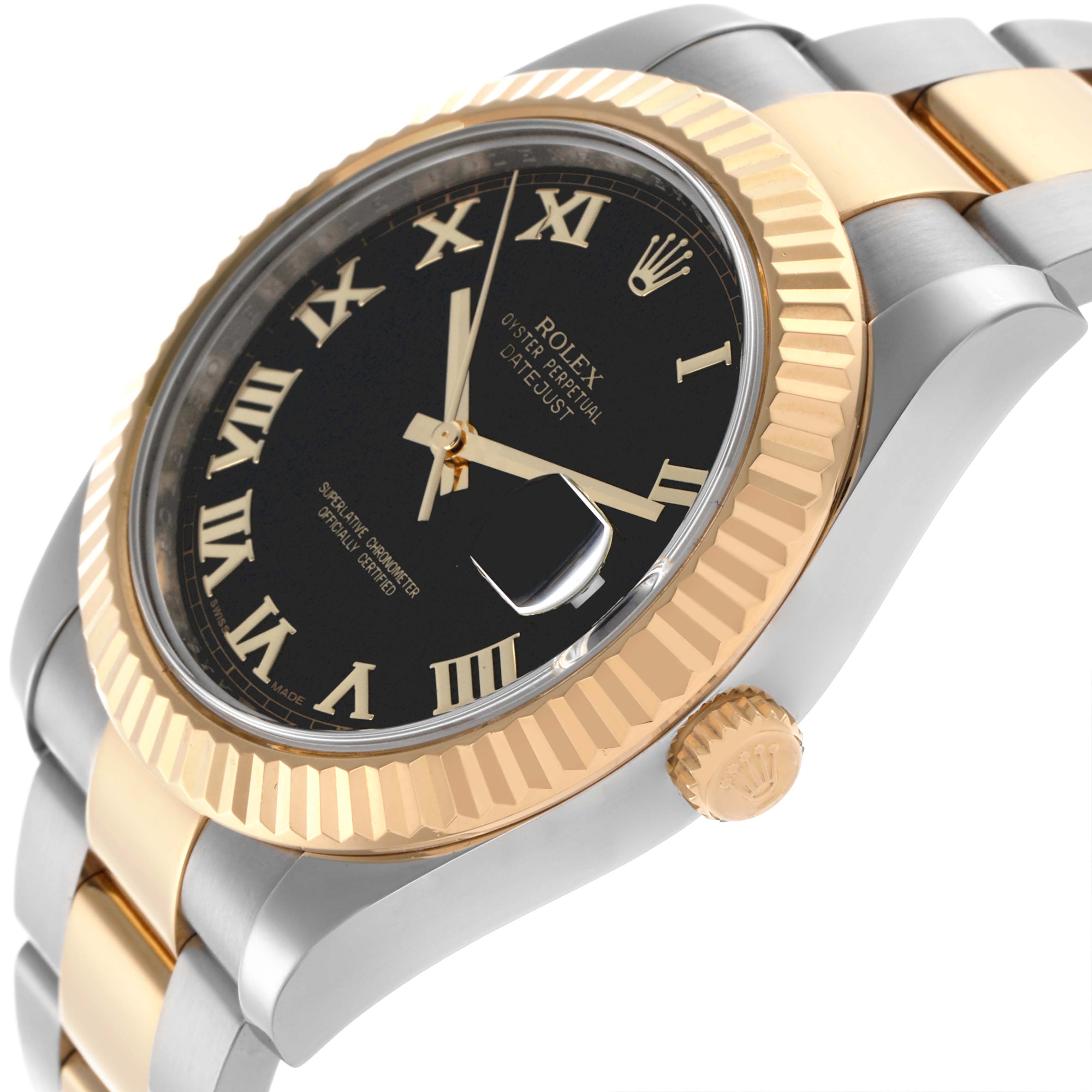 The Rolex Datejust 41 116333 Men's Steel and Gold (two tone) Black Dial 116333 Men's Steel and Gold (two tone) Black Dial is shown from a side angle, highlighting the black dial, gold fluted bezel, and two-tone bracelet.