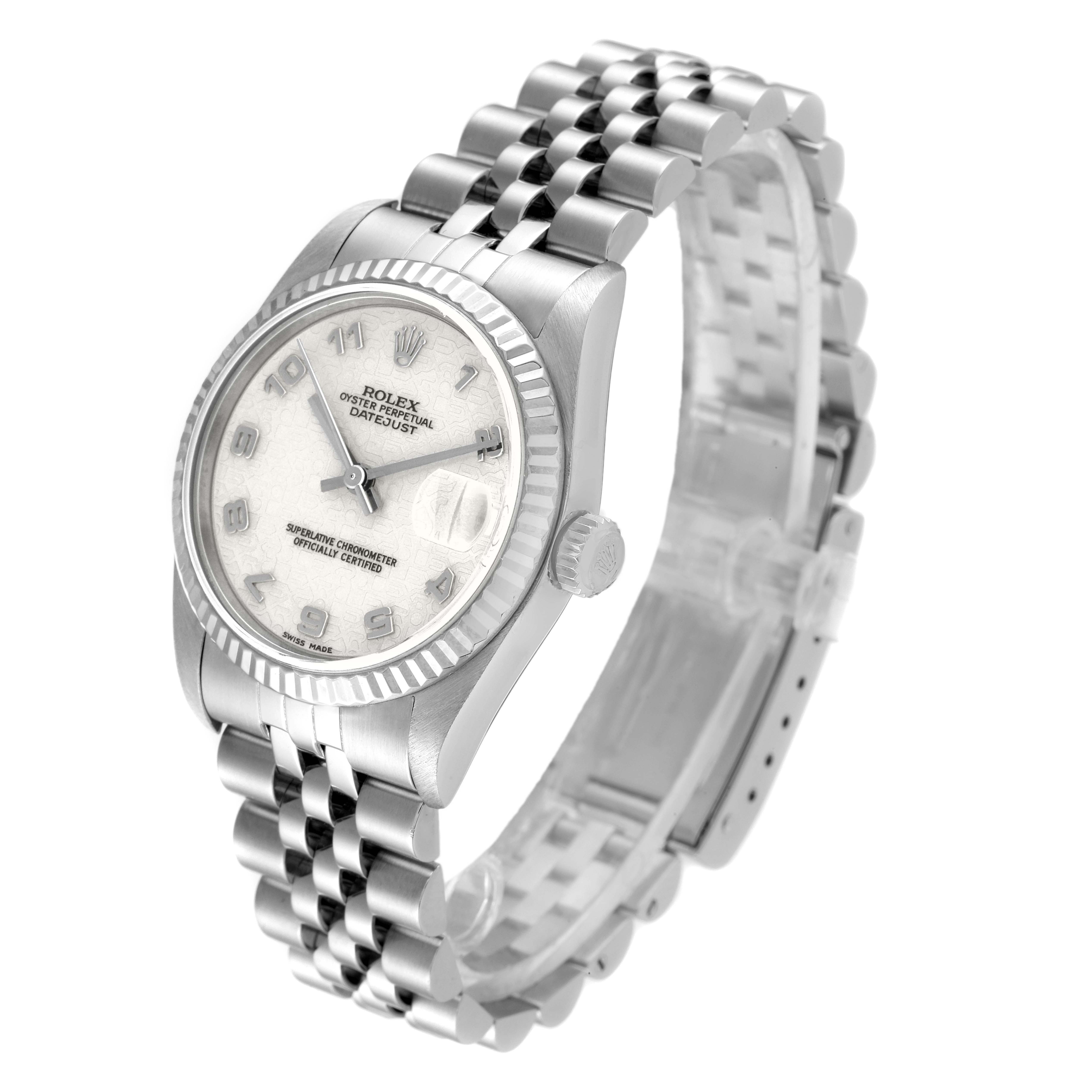 The image shows a Mid-Size Rolex Datejust watch at a three-quarter angle, highlighting the dial, bezel, crown, and jubilee bracelet.