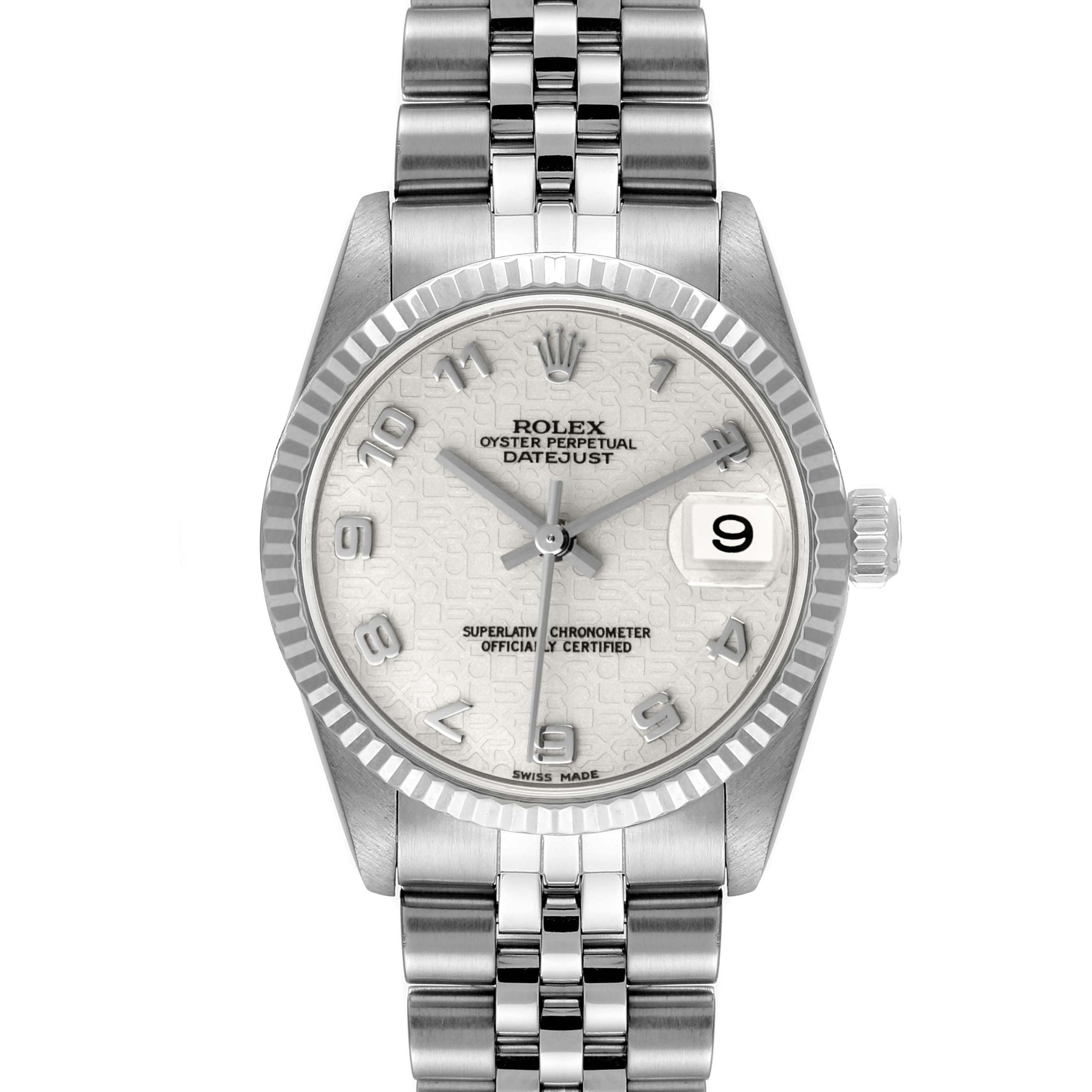 The image shows a front view of the Rolex Mid-Size 78274 Women's Stainless Steel Beige Dial 78274 Women's Stainless Steel Beige Dial Datejust watch, highlighting its dial, bezel, and bracelet.
