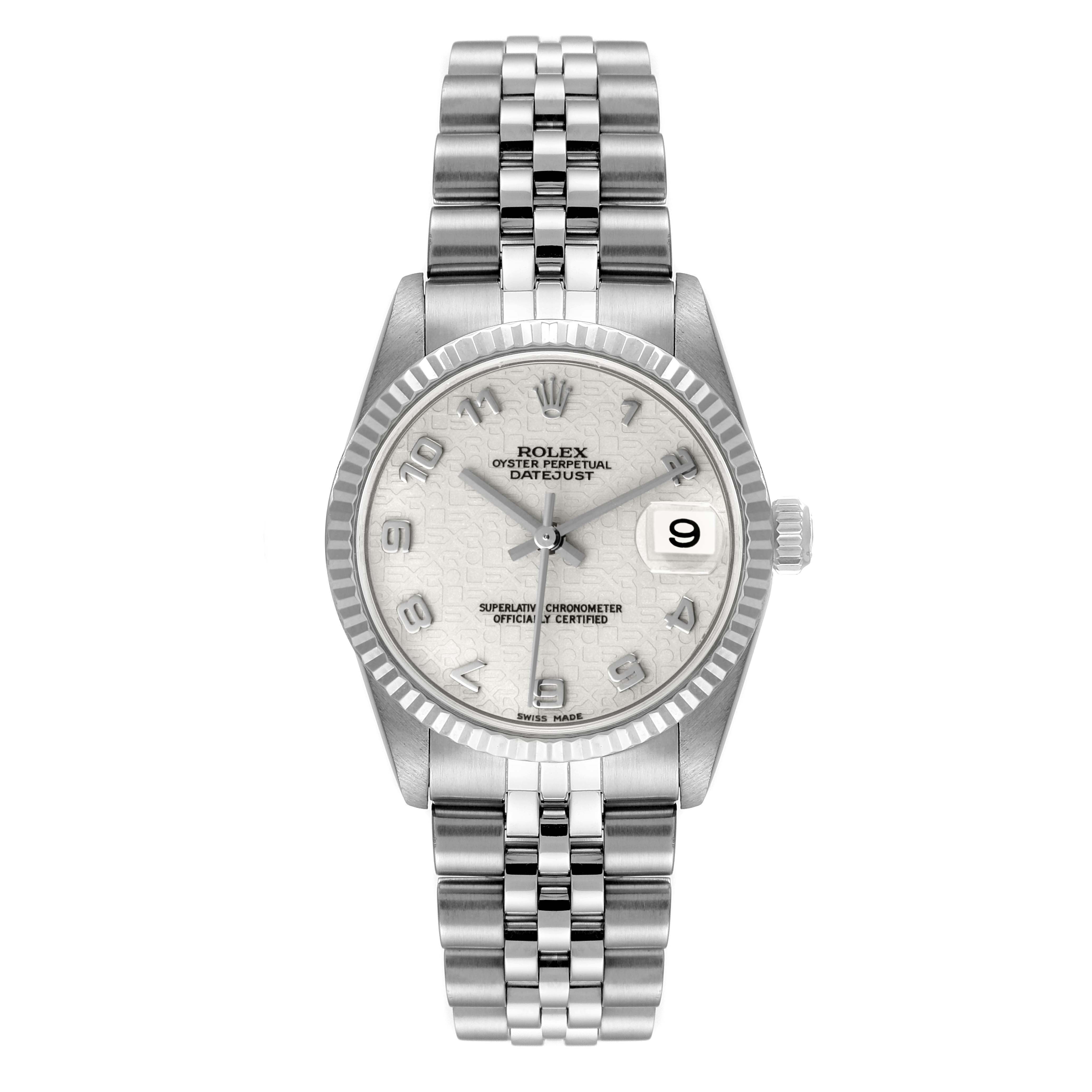 The image shows the front view of a Rolex Oyster Perpetual Datejust Mid-Size watch, highlighting its face, bezel, and bracelet.