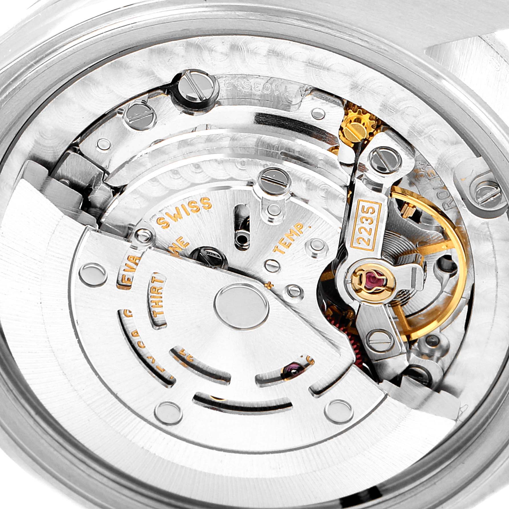 Close-up of the internal mechanics of the Rolex Mid-Size 78274 Women's Stainless Steel Beige Dial 78274 Women's Stainless Steel Beige Dial watch, showcasing the movement and intricate parts.