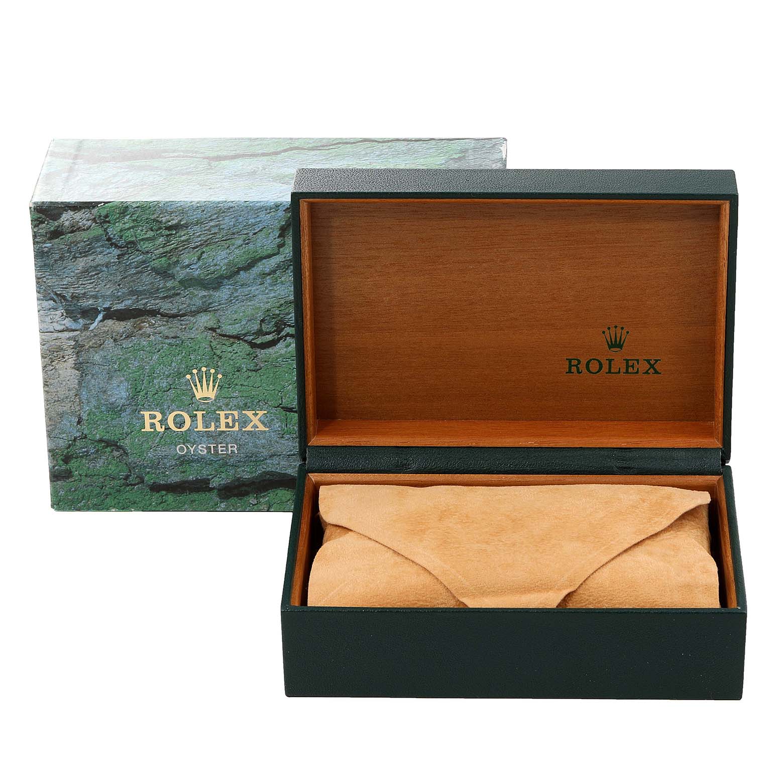This image shows an open Rolex watch box for a Mid-Size model, featuring both inner and outer packaging.