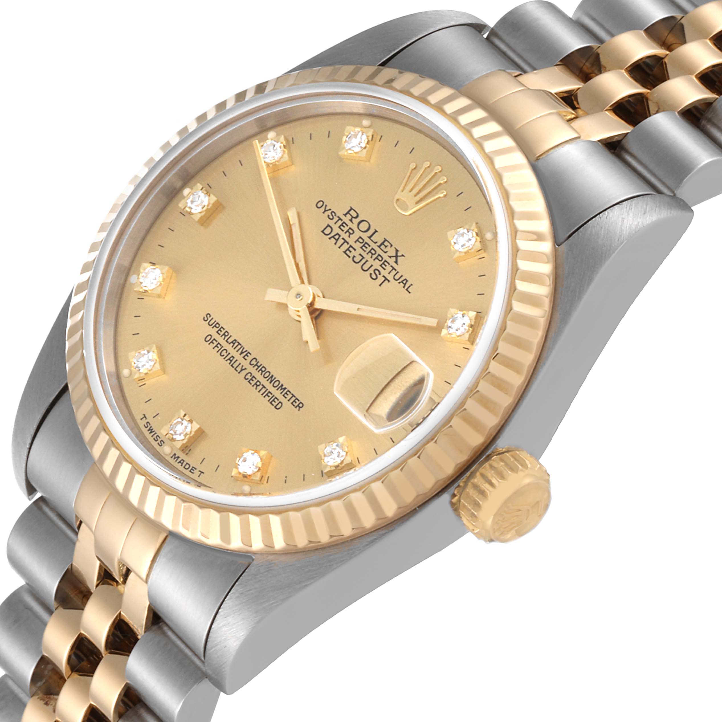 The Rolex Mid-Size 68273 Women's Steel and Gold (two tone) Champagne Dial 68273 Women's Steel and Gold (two tone) Champagne Dial watch is shown at an oblique angle, highlighting its face, bezel, crown, and bracelet.