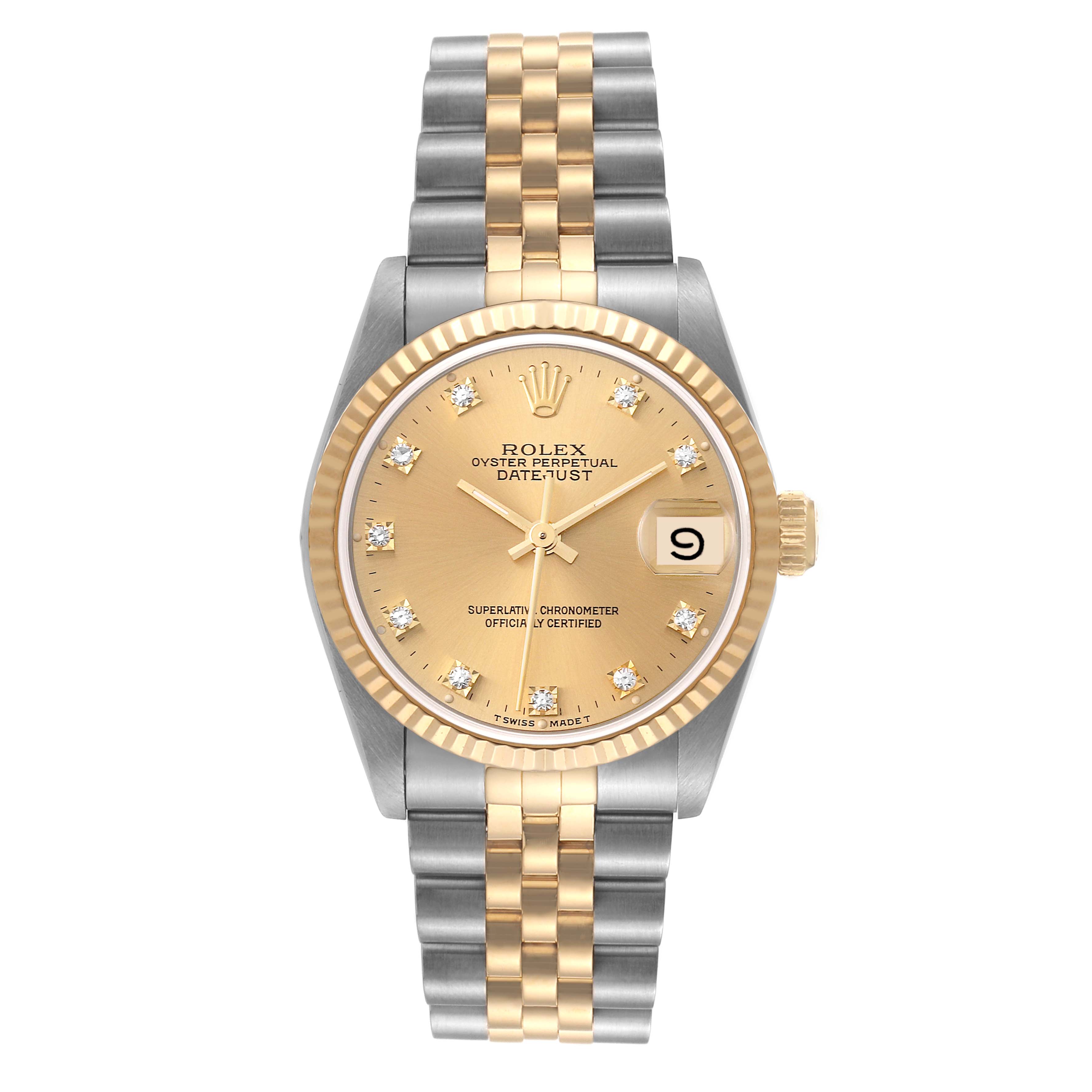 The Rolex Mid-Size 68273 Women's Steel and Gold (two tone) Champagne Dial 68273 Women's Steel and Gold (two tone) Champagne Dial watch is shown from a front angle, displaying the dial, bezel, and bracelet.