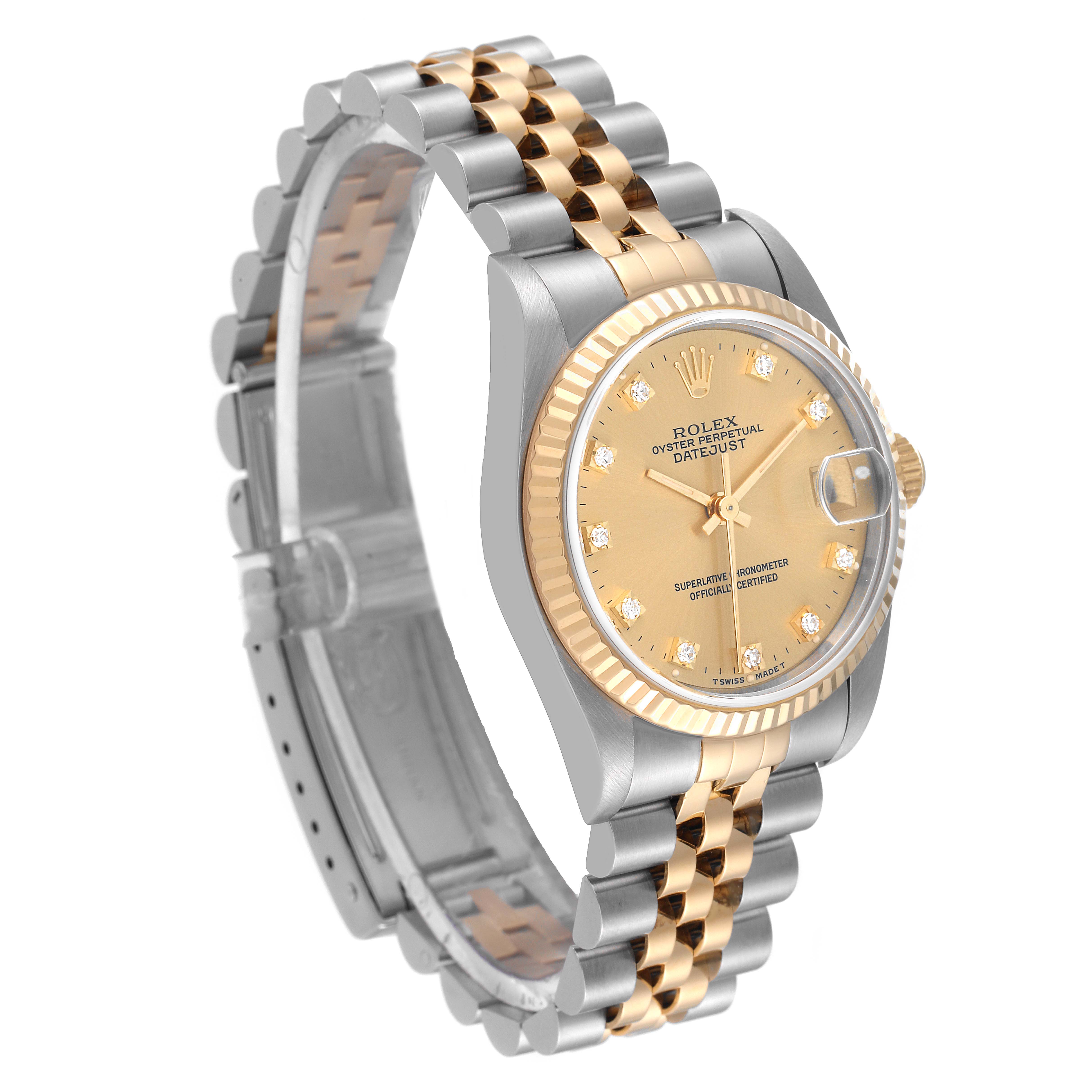 This Rolex Mid-Size 68273 Women's Steel and Gold (two tone) Champagne Dial 68273 Women's Steel and Gold (two tone) Champagne Dial model watch is shown at a three-quarter angle, highlighting the band, face, and bezel.