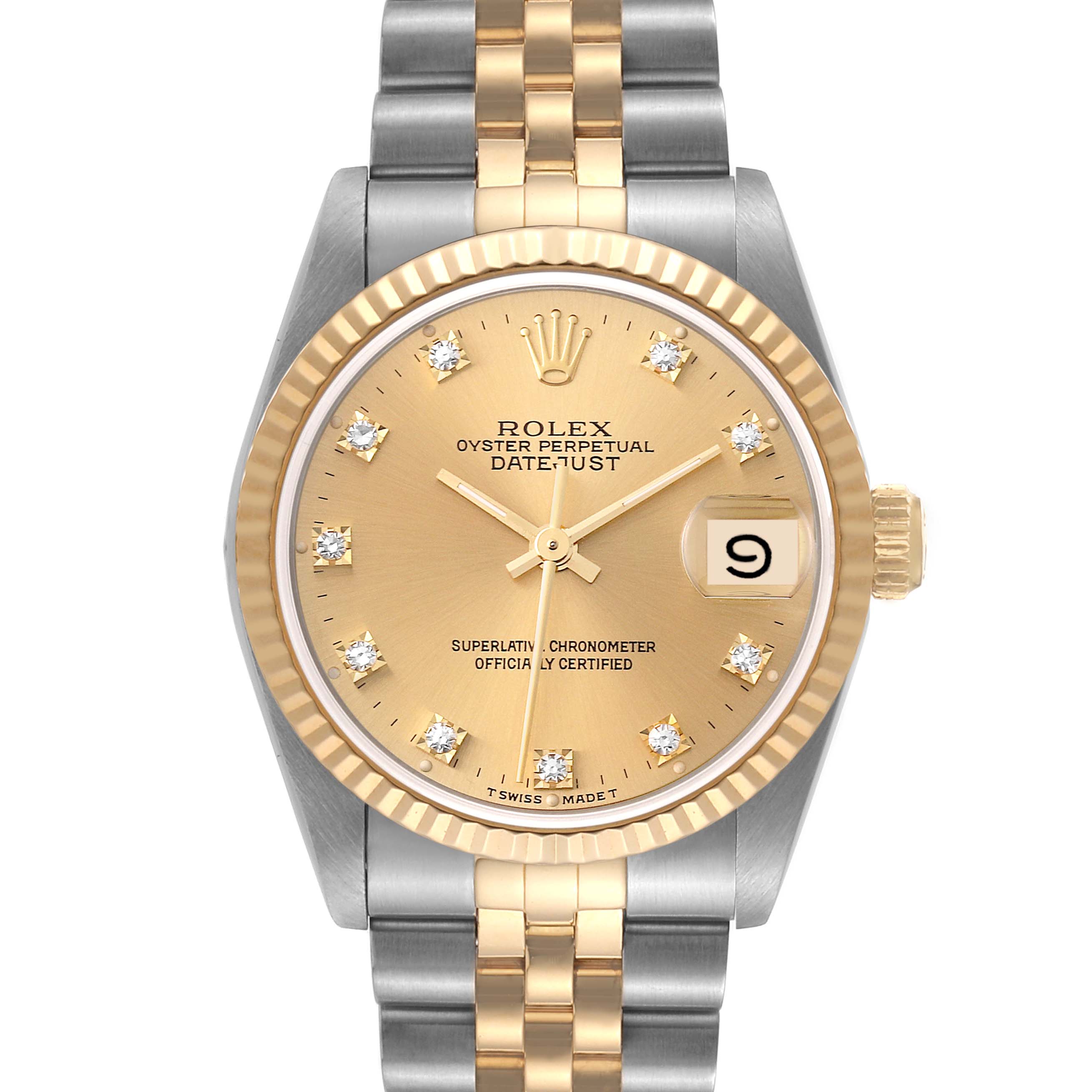 The image shows a front view of a Mid-Size Rolex Oyster Perpetual Datejust watch with a gold and silver bracelet.