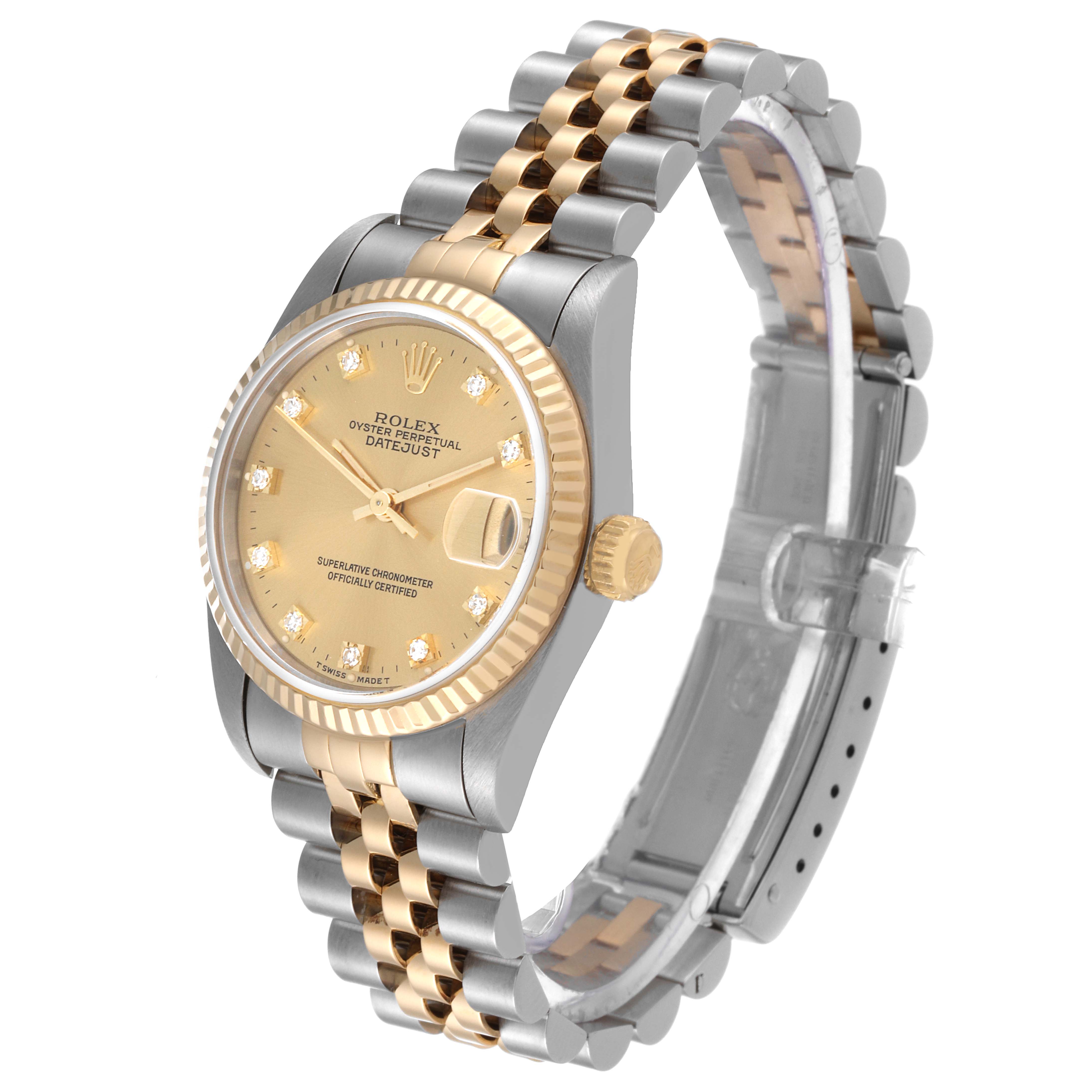 This Rolex Datejust Mid-Size watch is shown at a three-quarter angle, highlighting the dial, bezel, crown, and bracelet.