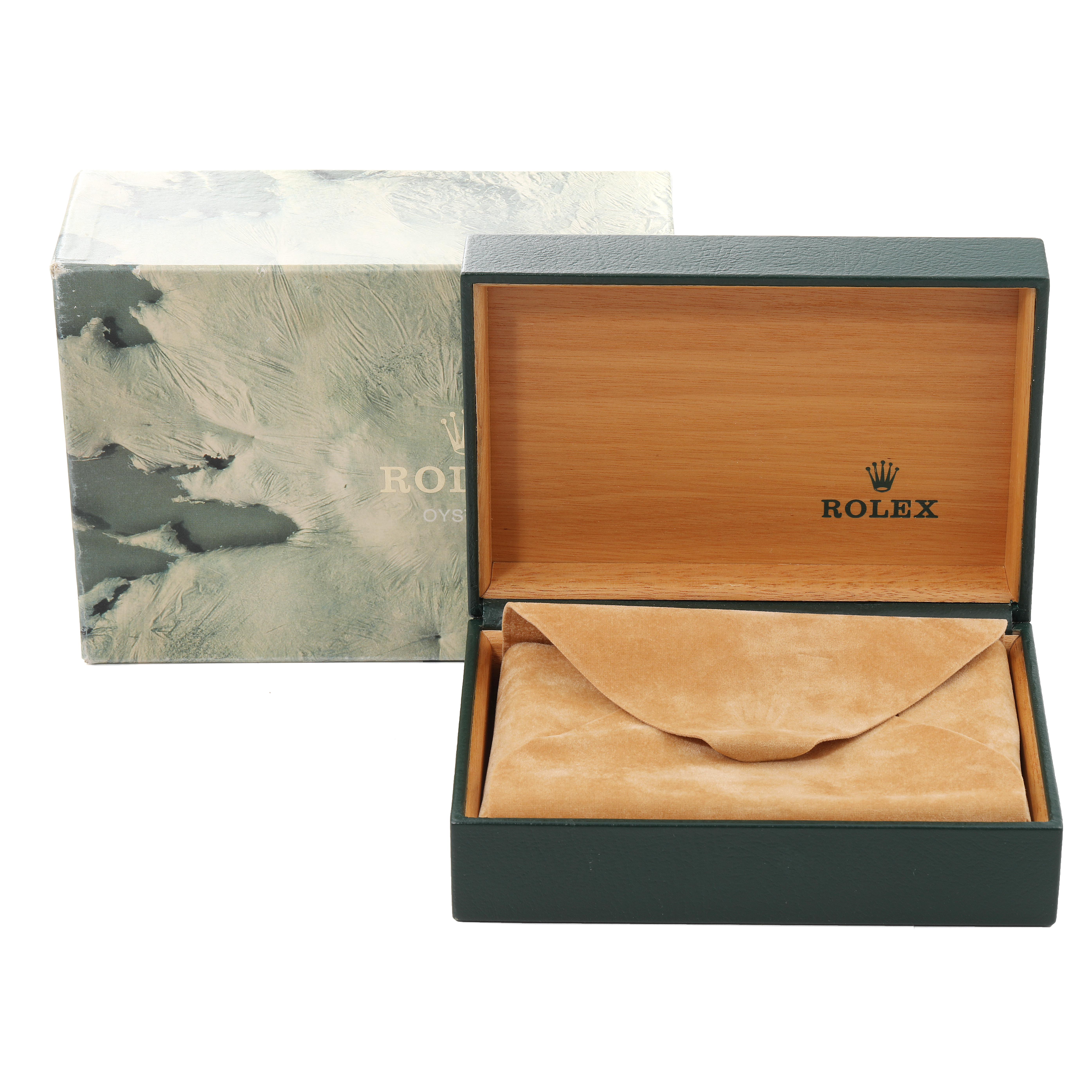 The image shows a Rolex Mid-Size 68273 Women's Steel and Gold (two tone) Champagne Dial 68273 Women's Steel and Gold (two tone) Champagne Dial model presentation box with its lid open, displaying an interior cushioned envelope.